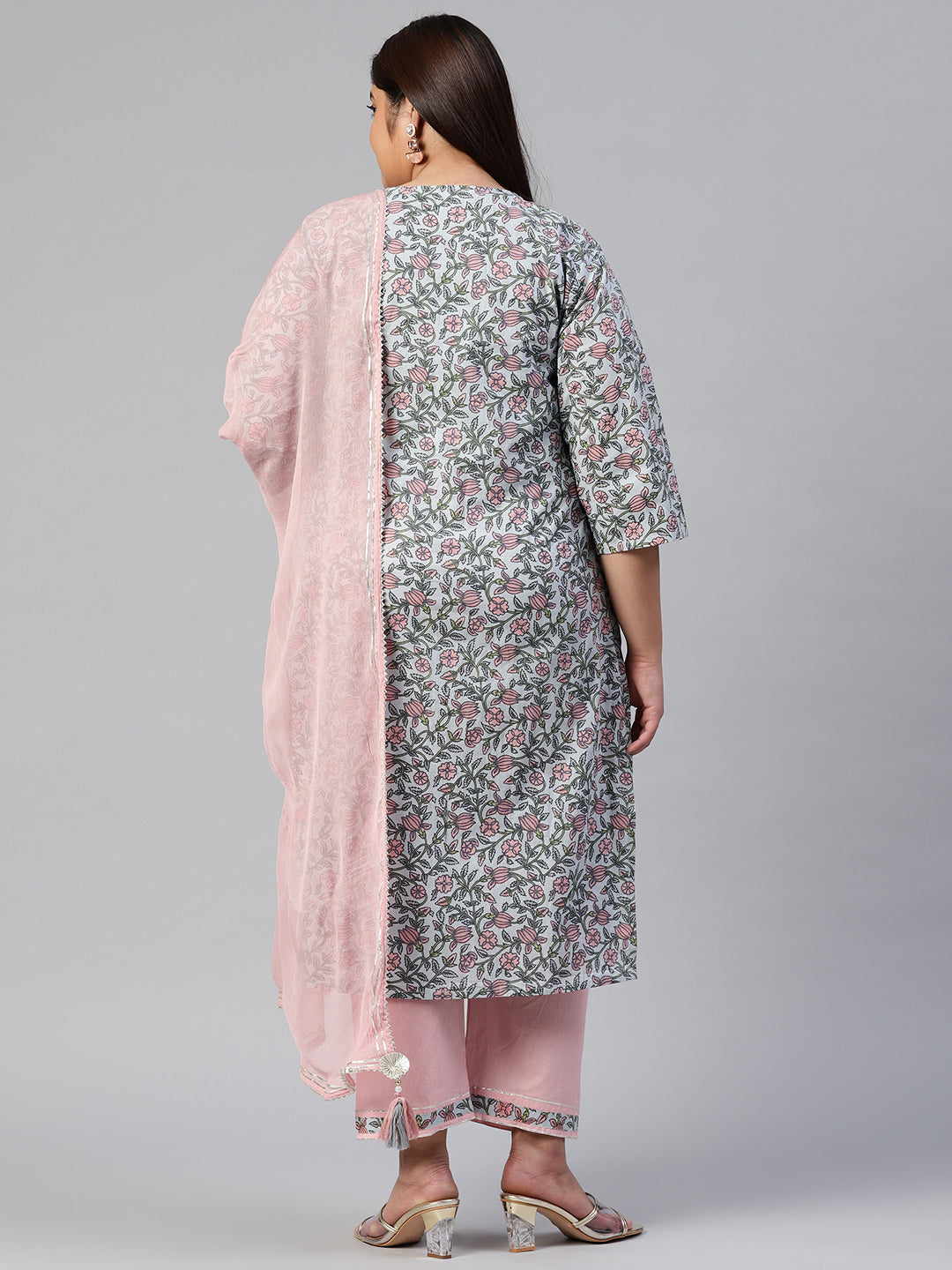 Women's Pastel Blue Floral Straight Cotton Kurta Pant Set With Dupatta