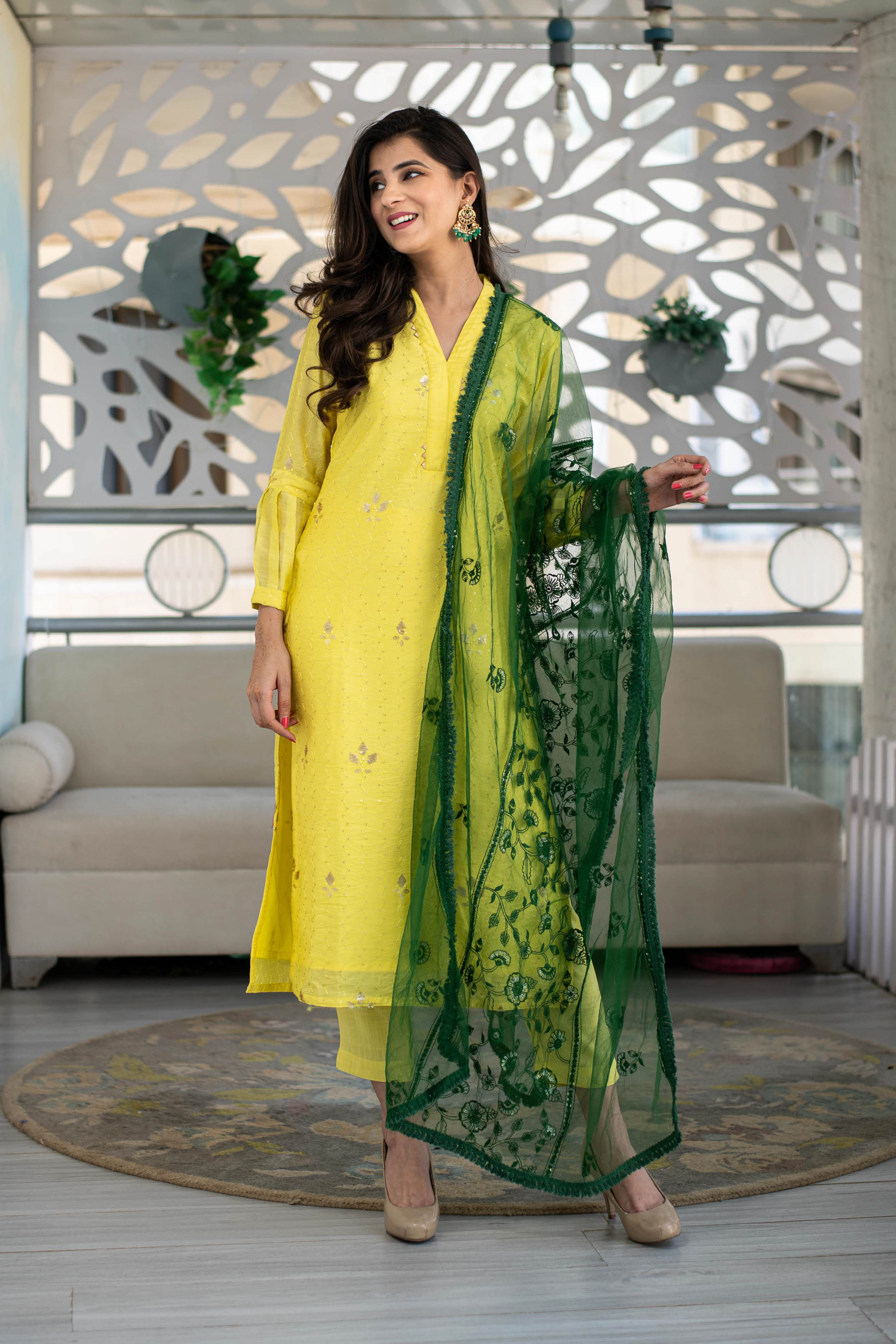 Women's Yellow Kurta With Green Dupatta (3pc Set) - Label S