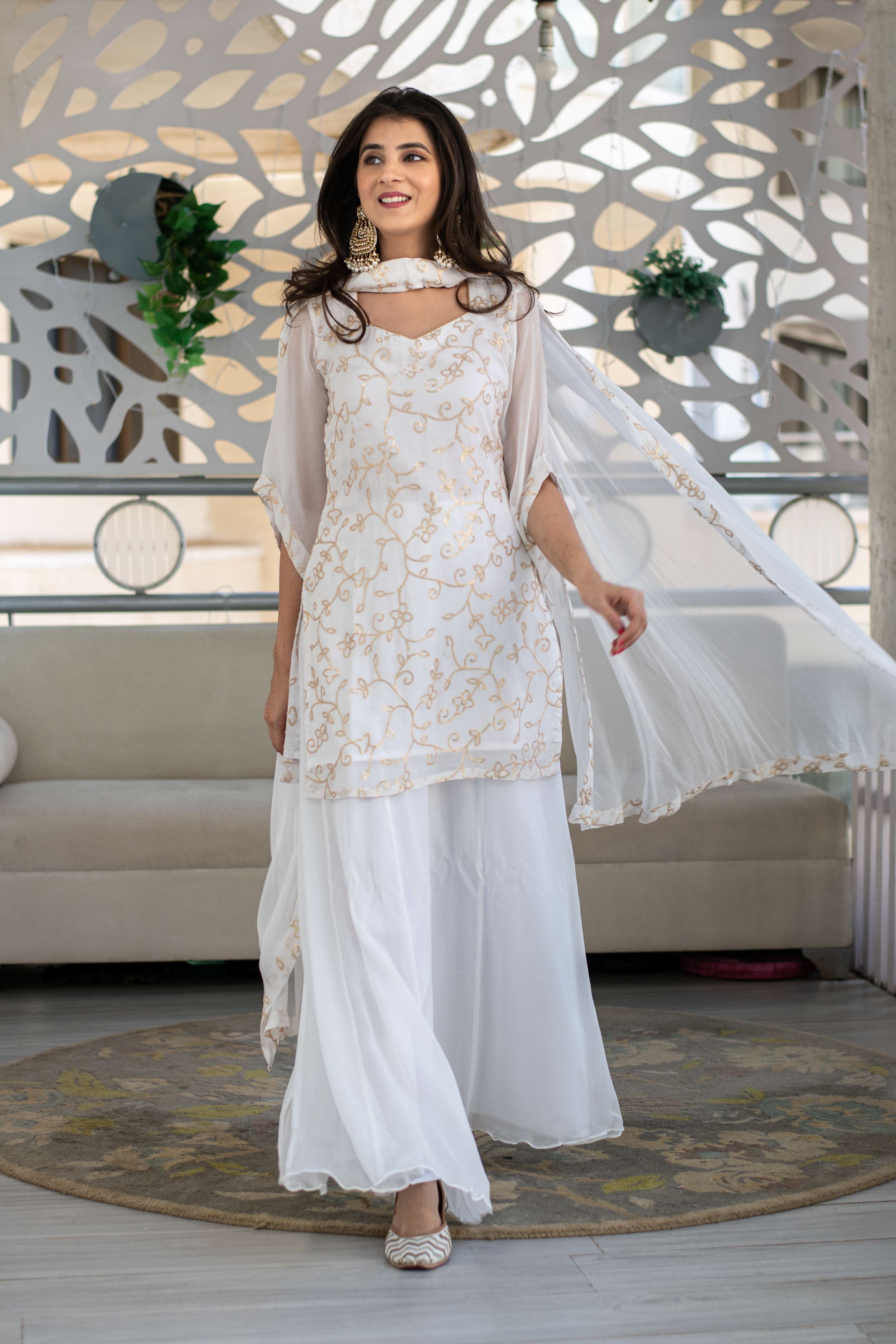 Women's Georgette White Sequin Kurta with Palazzo (3pc Set)