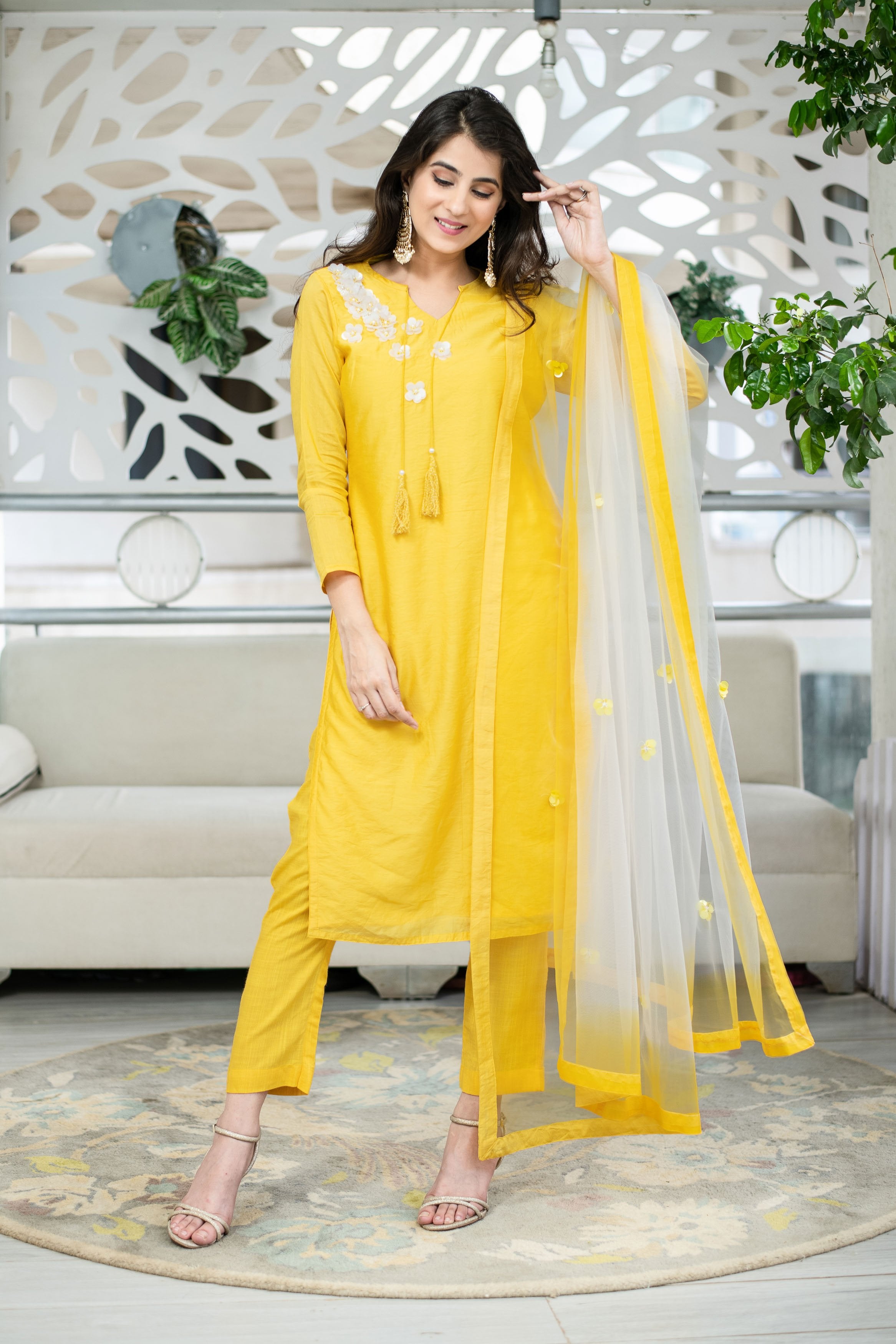 Women's Yellow Chanderi Hand Work Kurta Set (3pc Set)