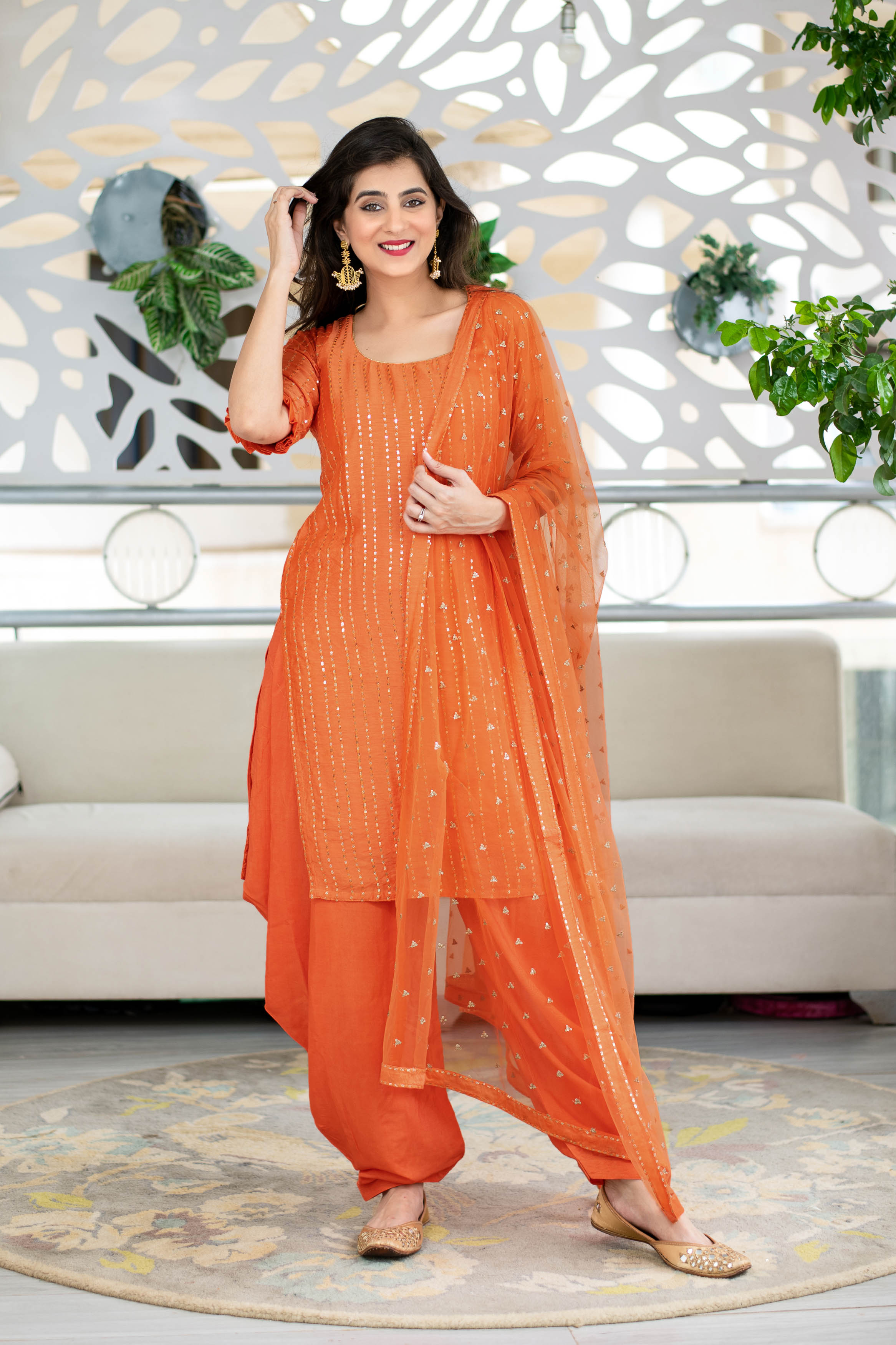 Women's Orange Chanderi Patialla (3pcs Set)