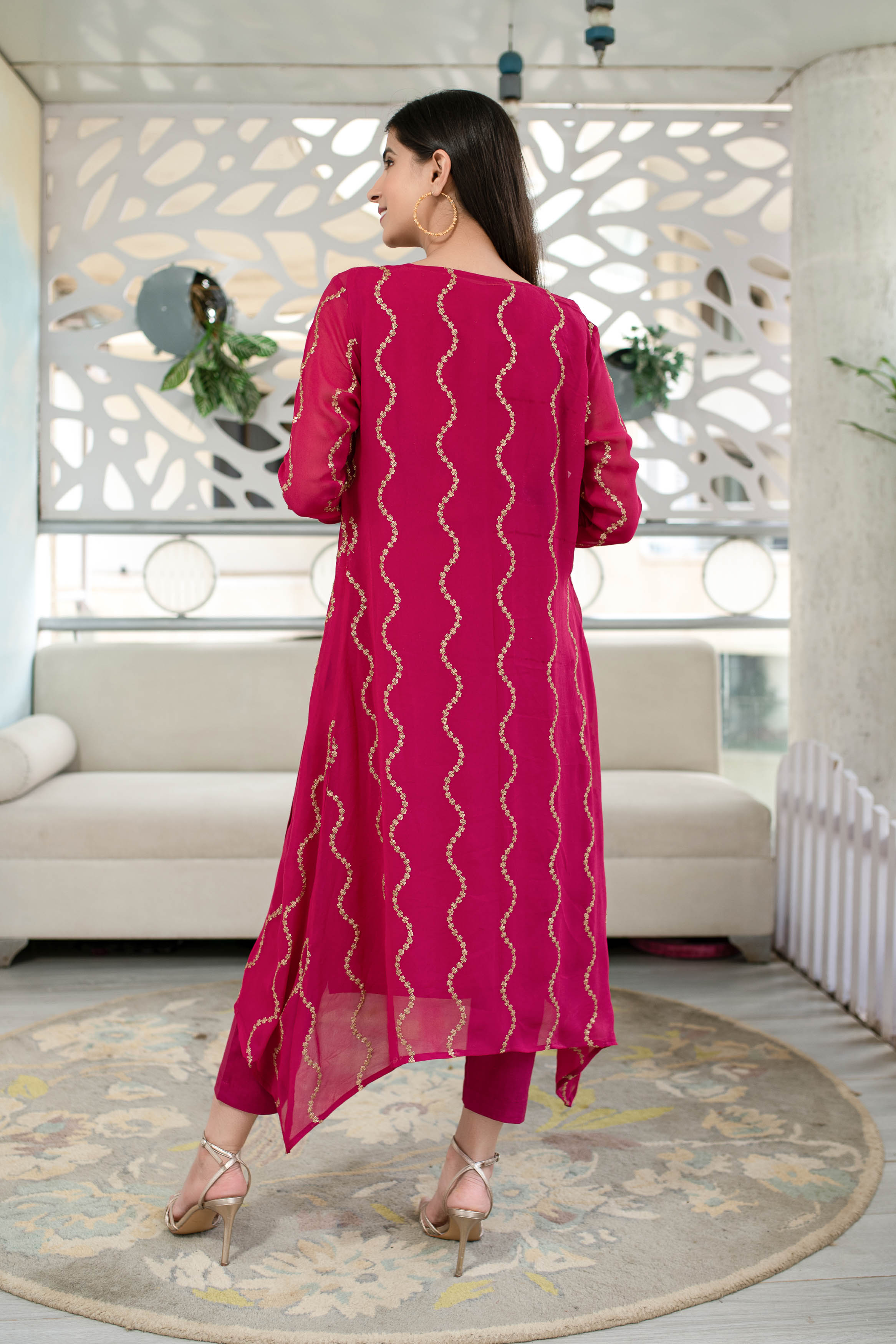 Women's Pink Kurta Pant With Overcoat (3pcs set)