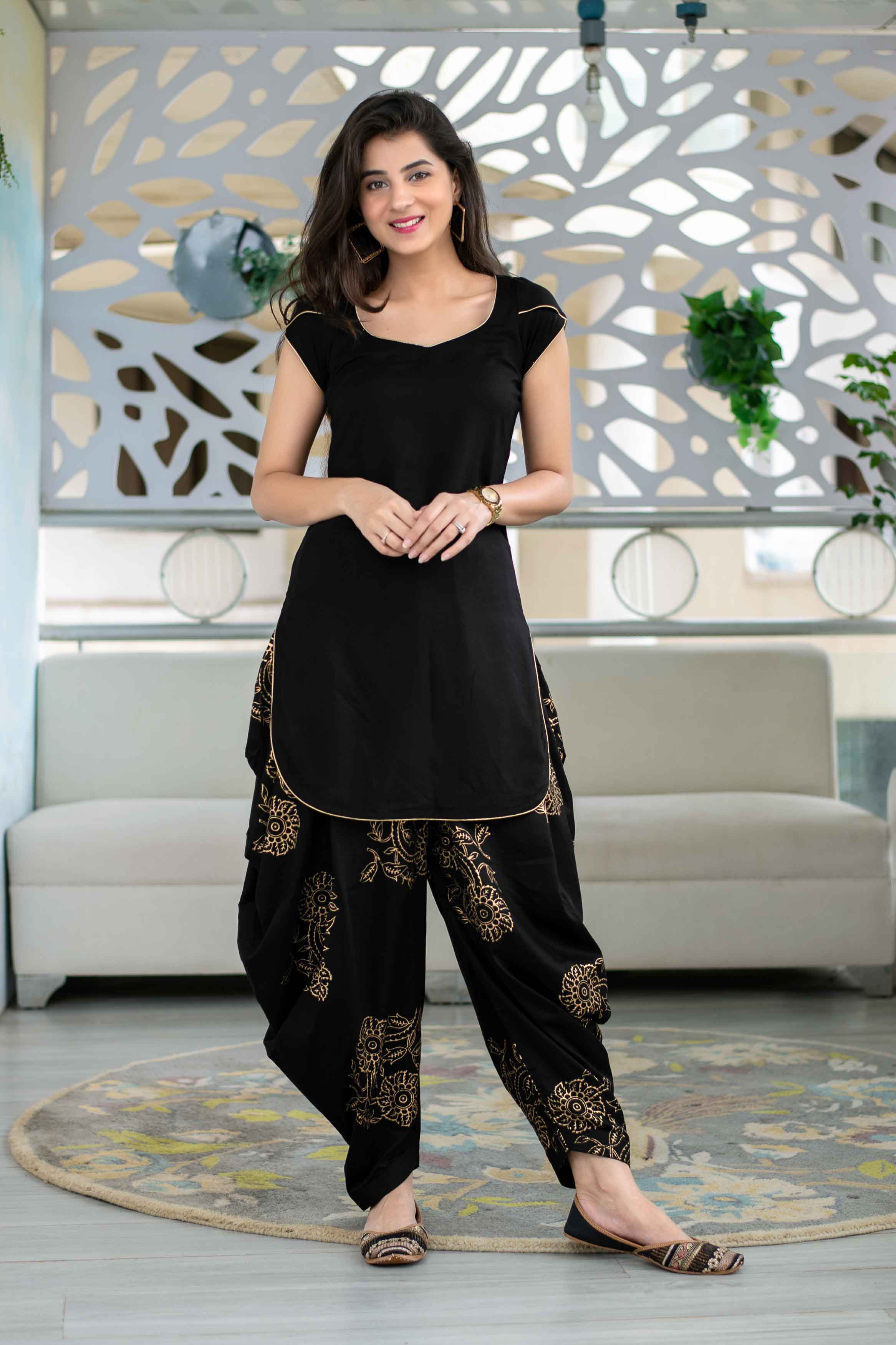Women's Black Rayon Block Print Kurta Set