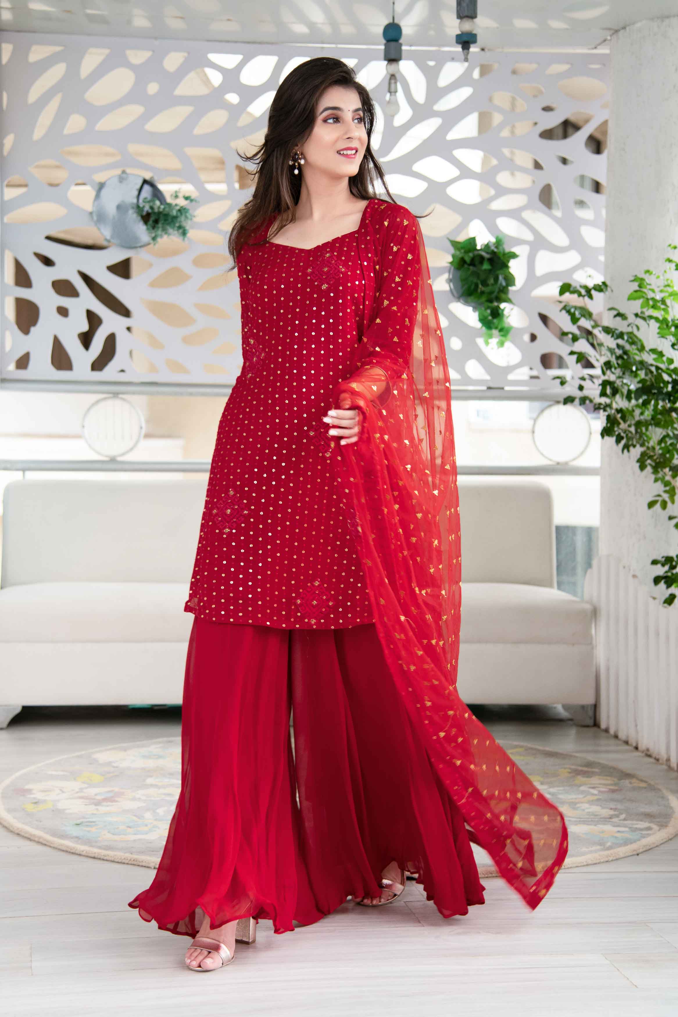 Women's Red Georgette Palazzo Suit Set With Net Dupatta (3 Pc Set)