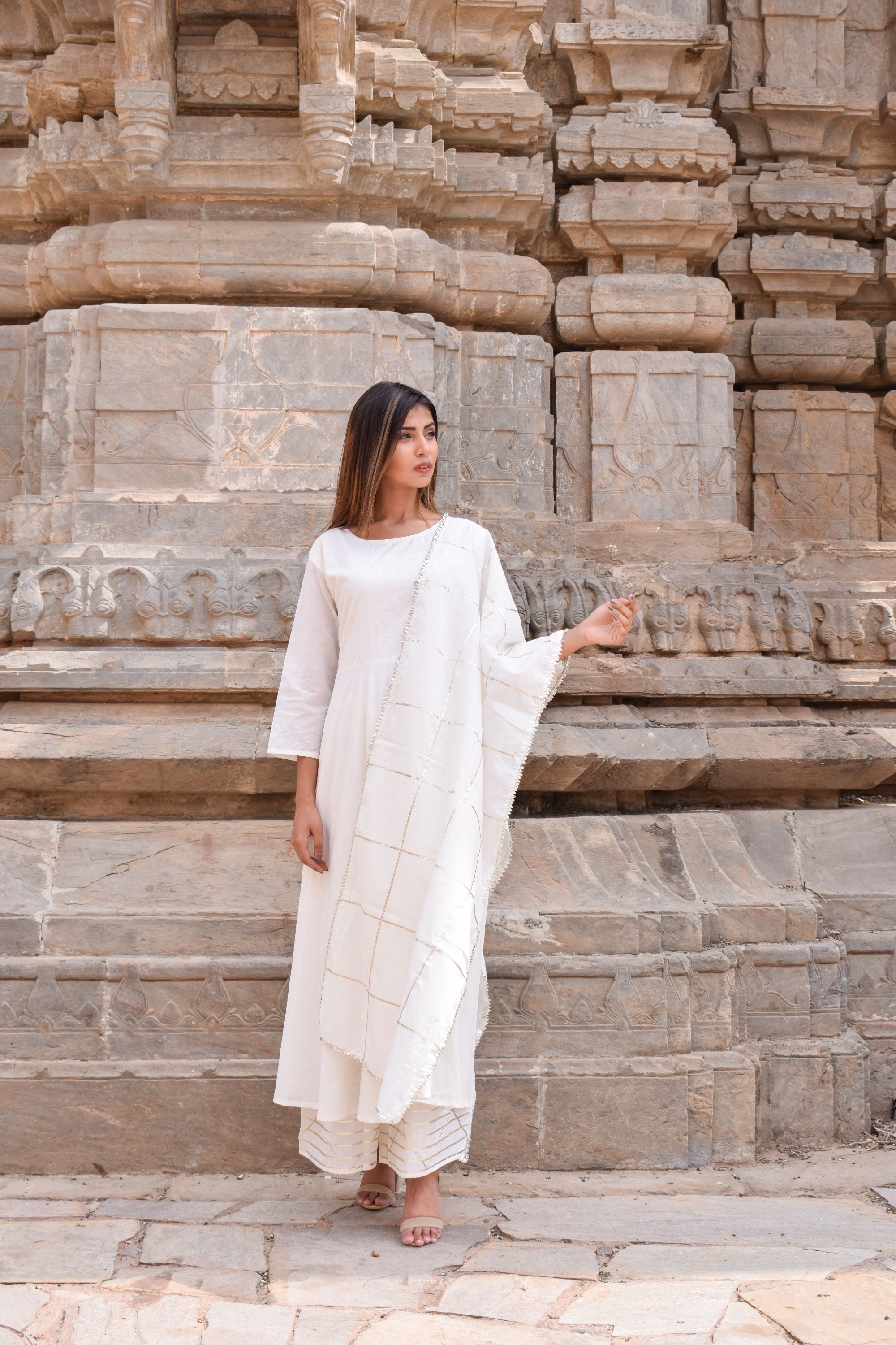 Women's White Kurta With Gota Work Palazzo And Dupatta Set