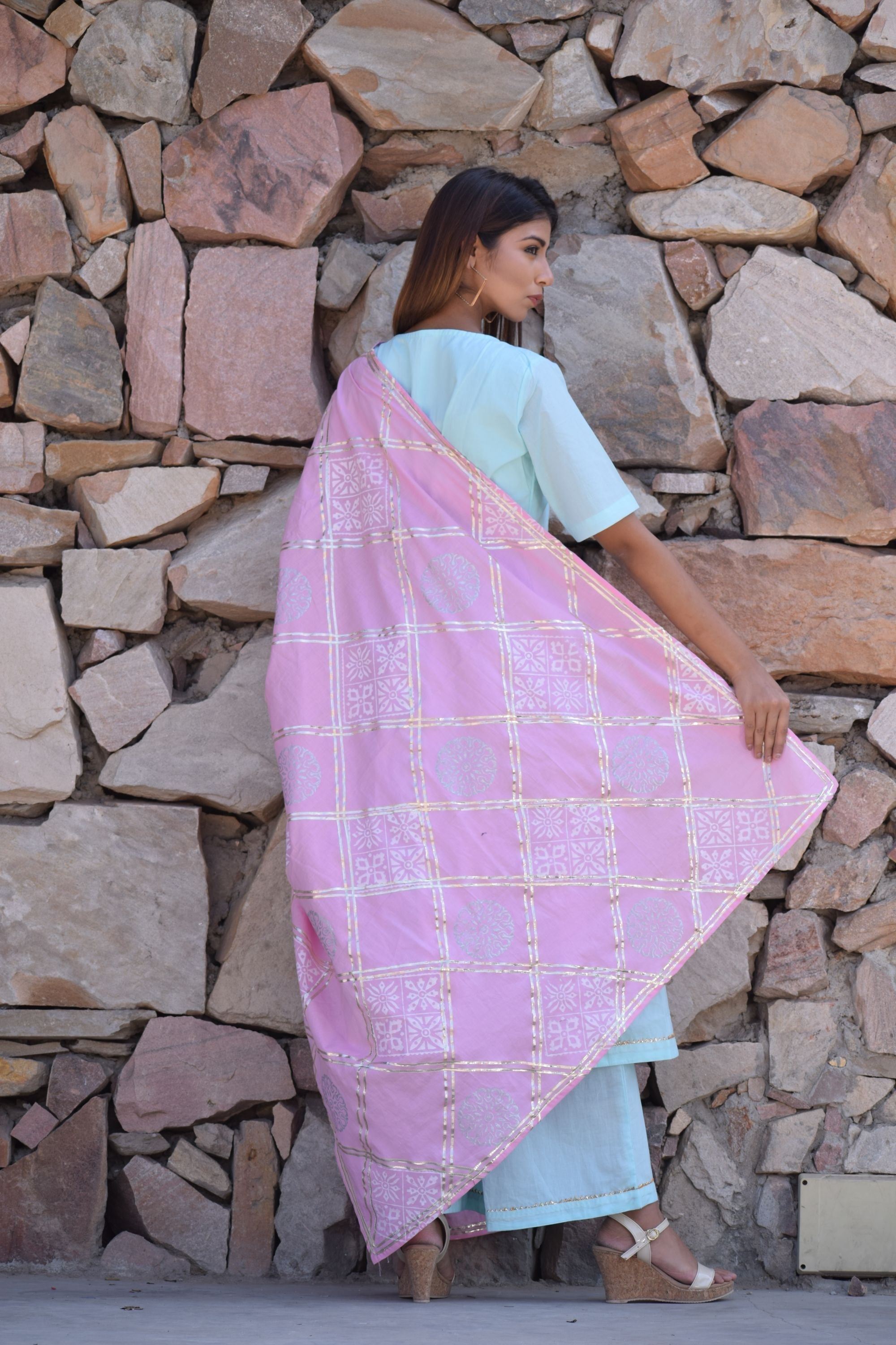Women's Blue & Pink Anarkali Set With Hand Block Printed Dupatta Set