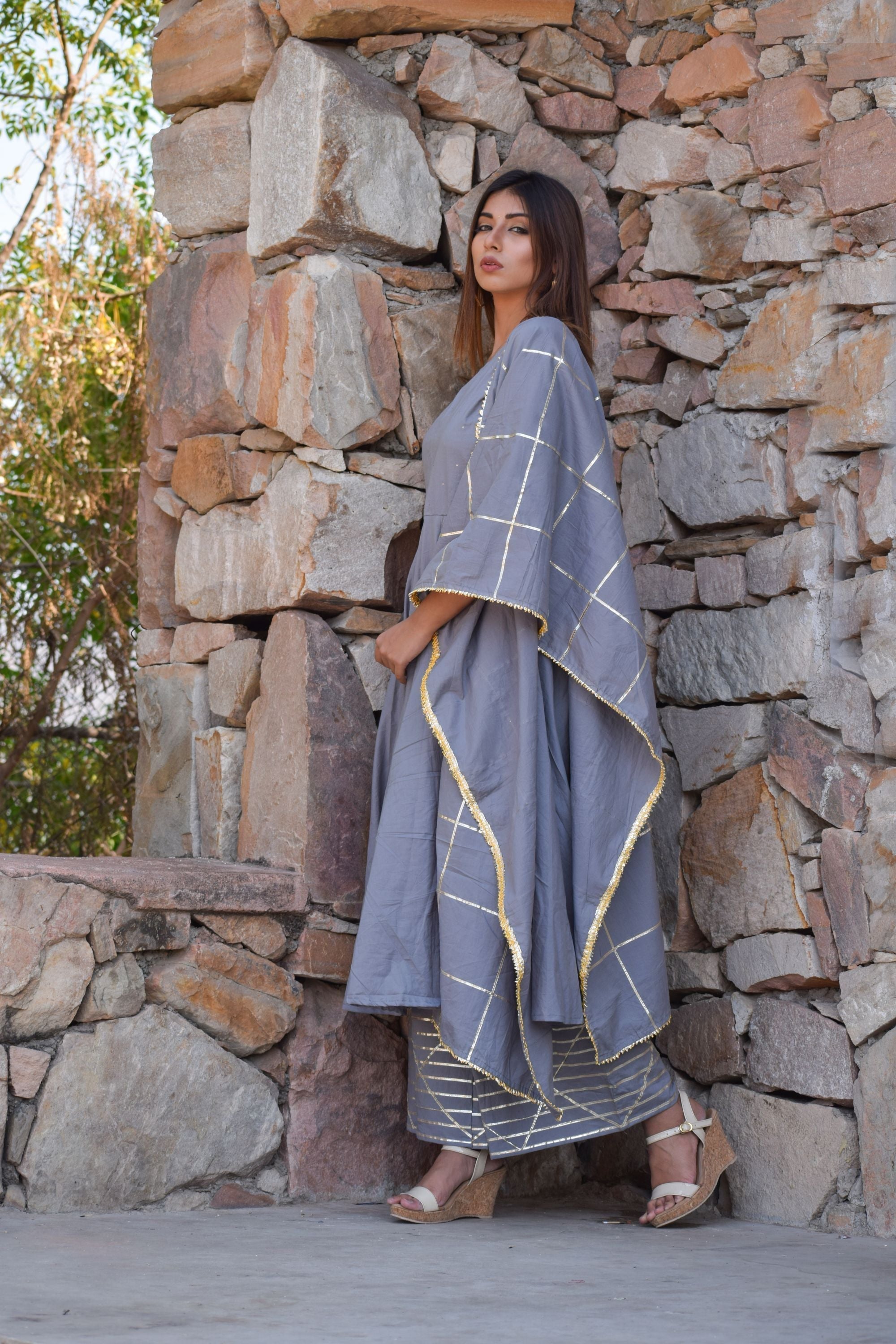 Women's Grey Gota Anarkali Kurta Palazzo And Dupatta Set