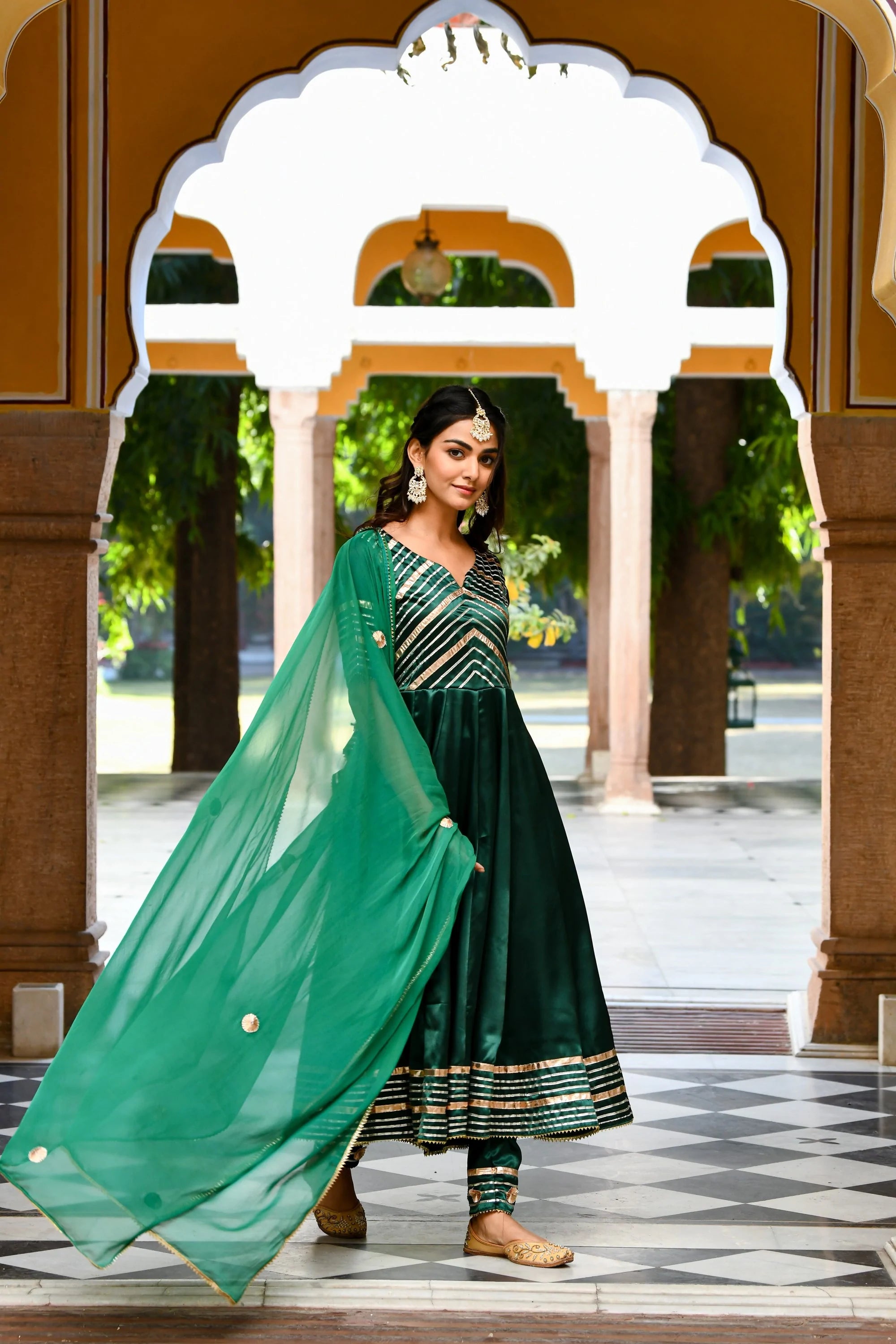 Women's Bottle Green Satin Anarkali Suit- (3Pc Set)
