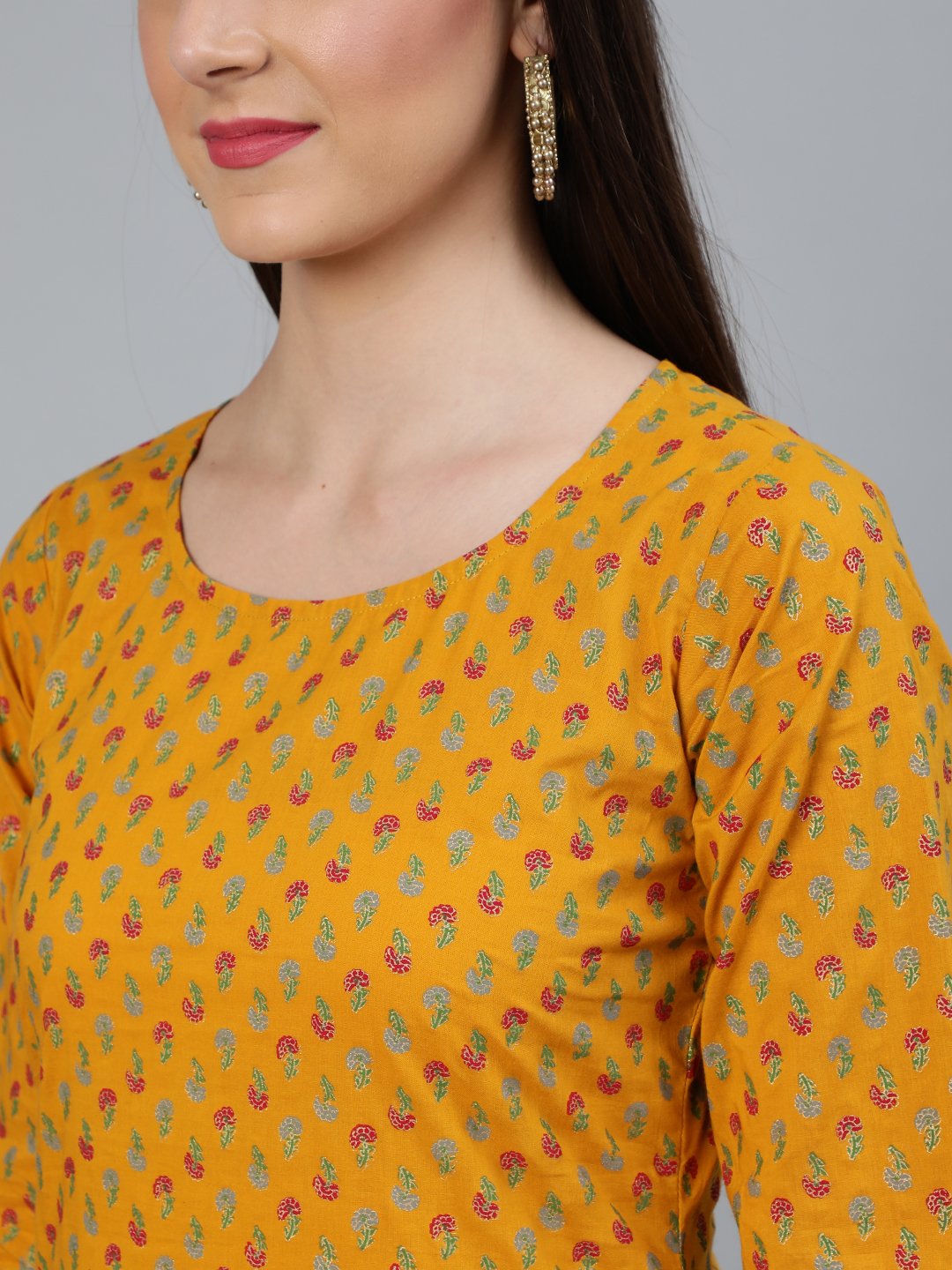Women's Mustard & Gold Printed Straight Kurta Set