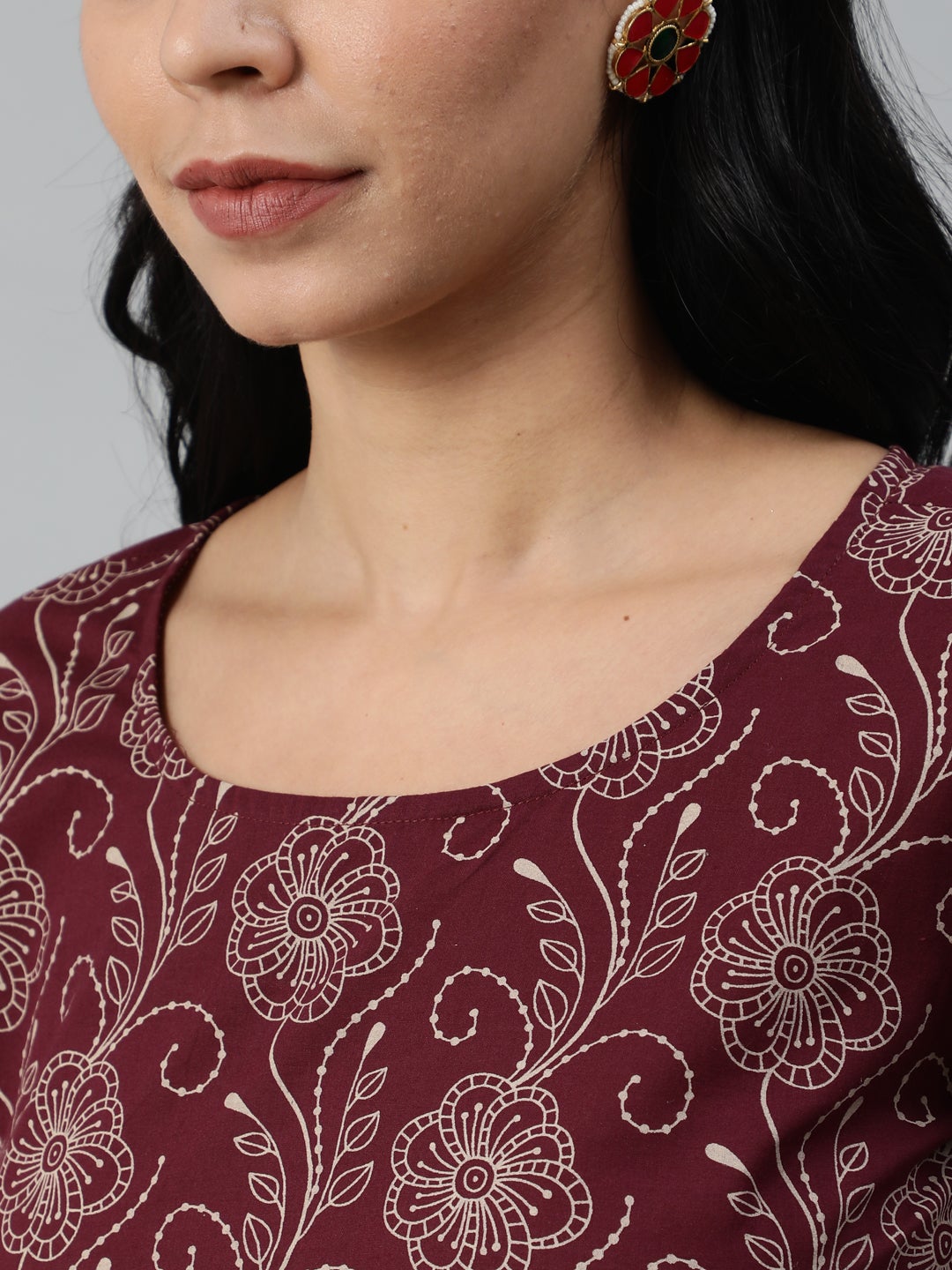 Women's Burgundy & Beige Motifs Printed Cotton Kurta With Plazzos And Dupatta