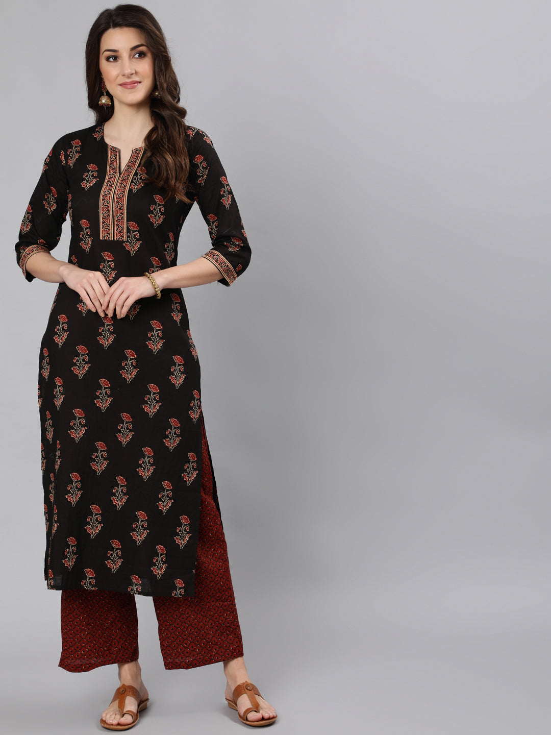 Women's Black Ethnic Printed Straight Kurta