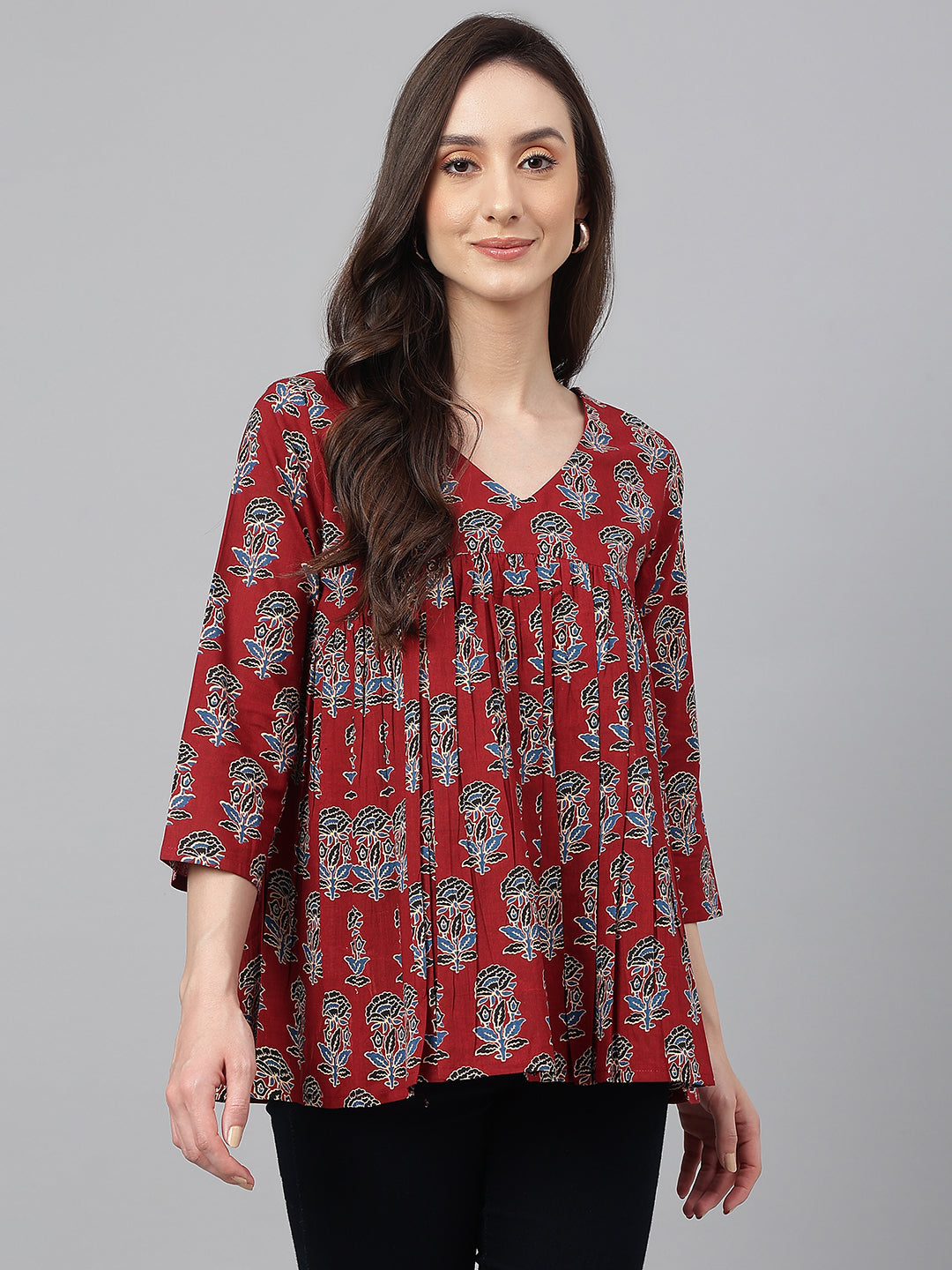 Women's Floral Block Print Maroon Cotton Tops