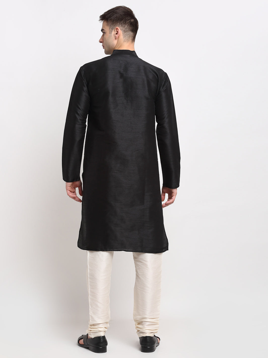 Men's Black Solid Dupion Silk Kurta Payjama Set ( JOKP 636 Black )