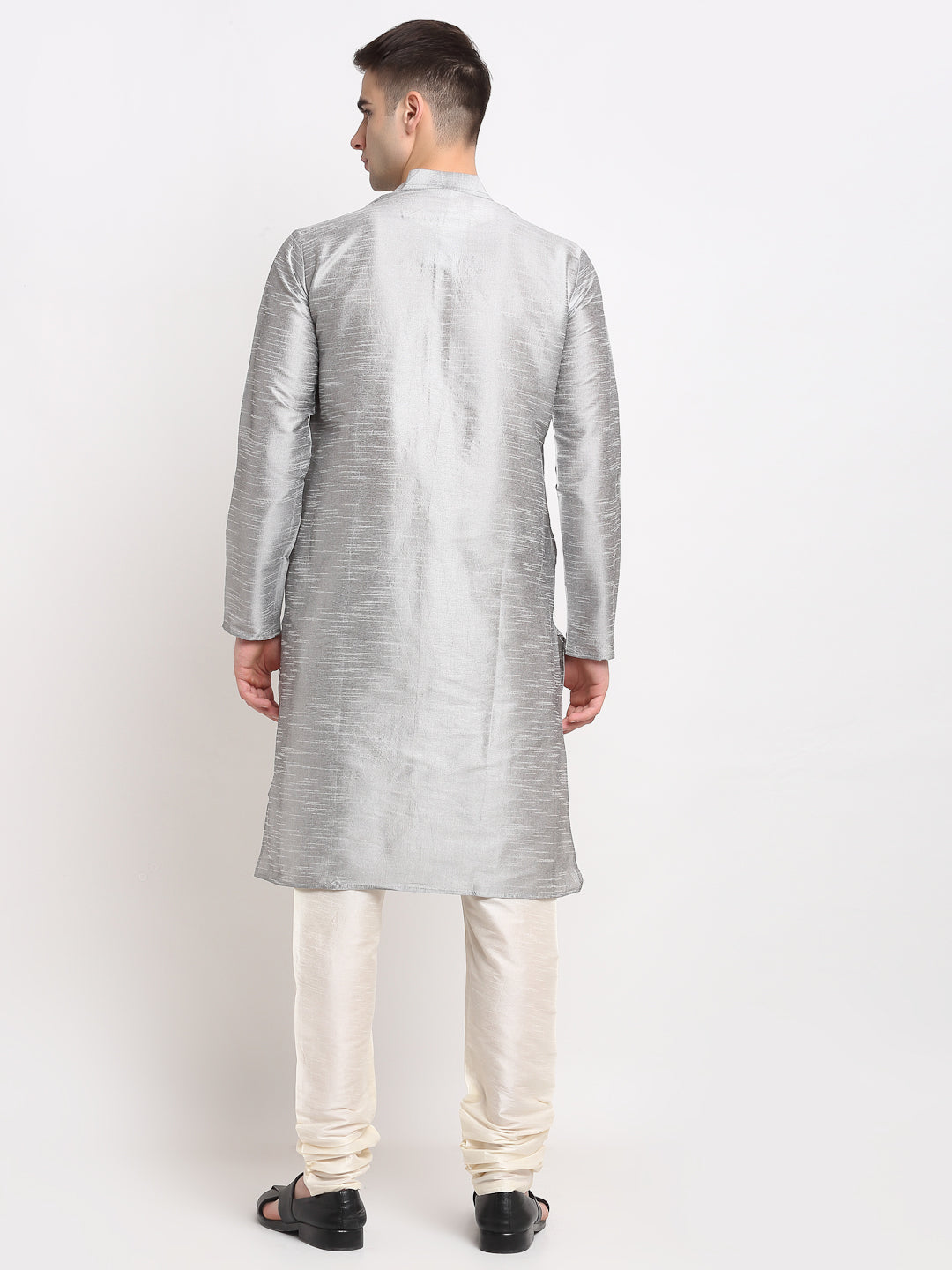 Men's Silver Solid Dupion Silk Kurta Payjama Set ( JOKP 636 Silver )