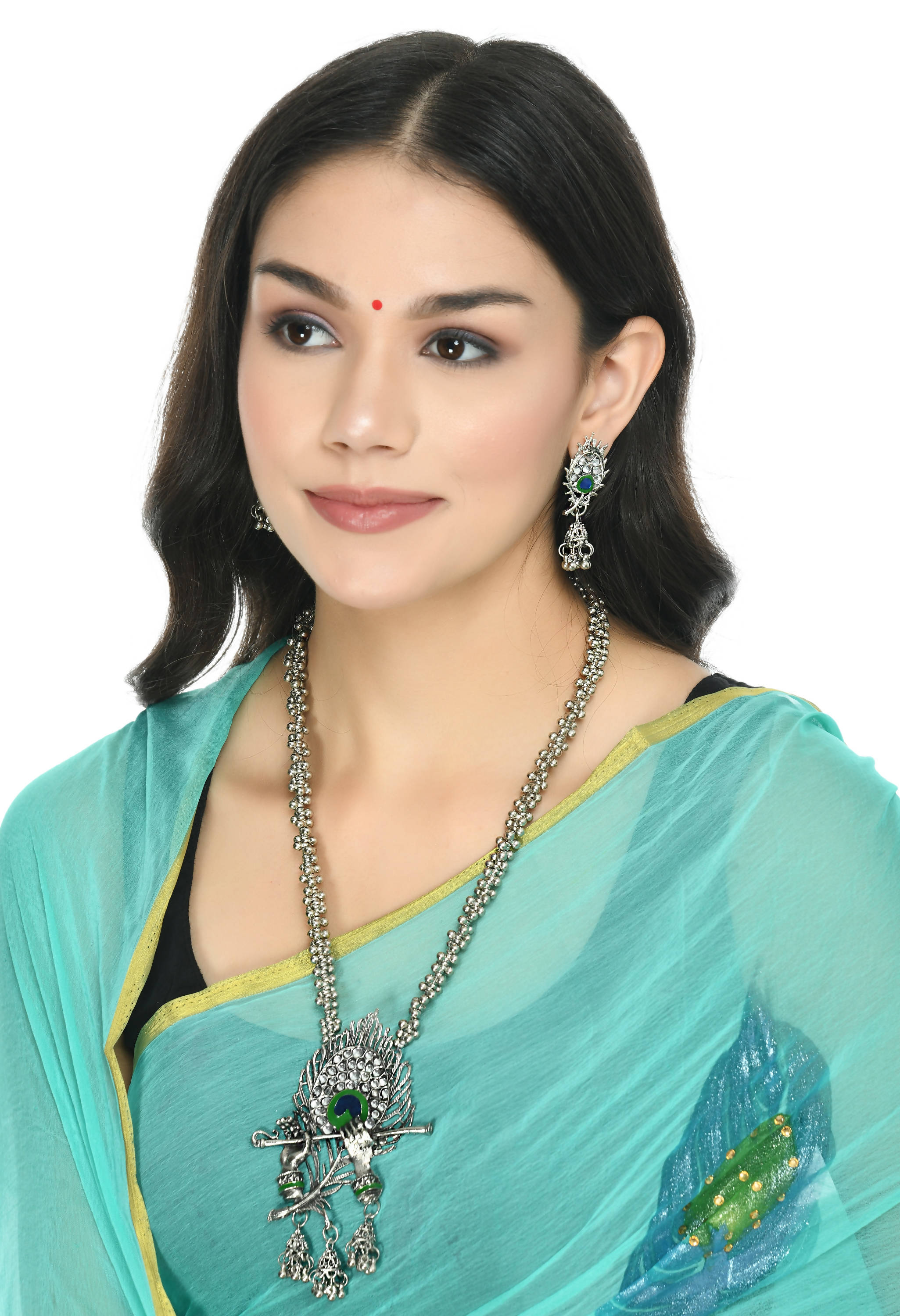Trendia Traditional Silver plated Krishna Flute Design Necklace with Earring