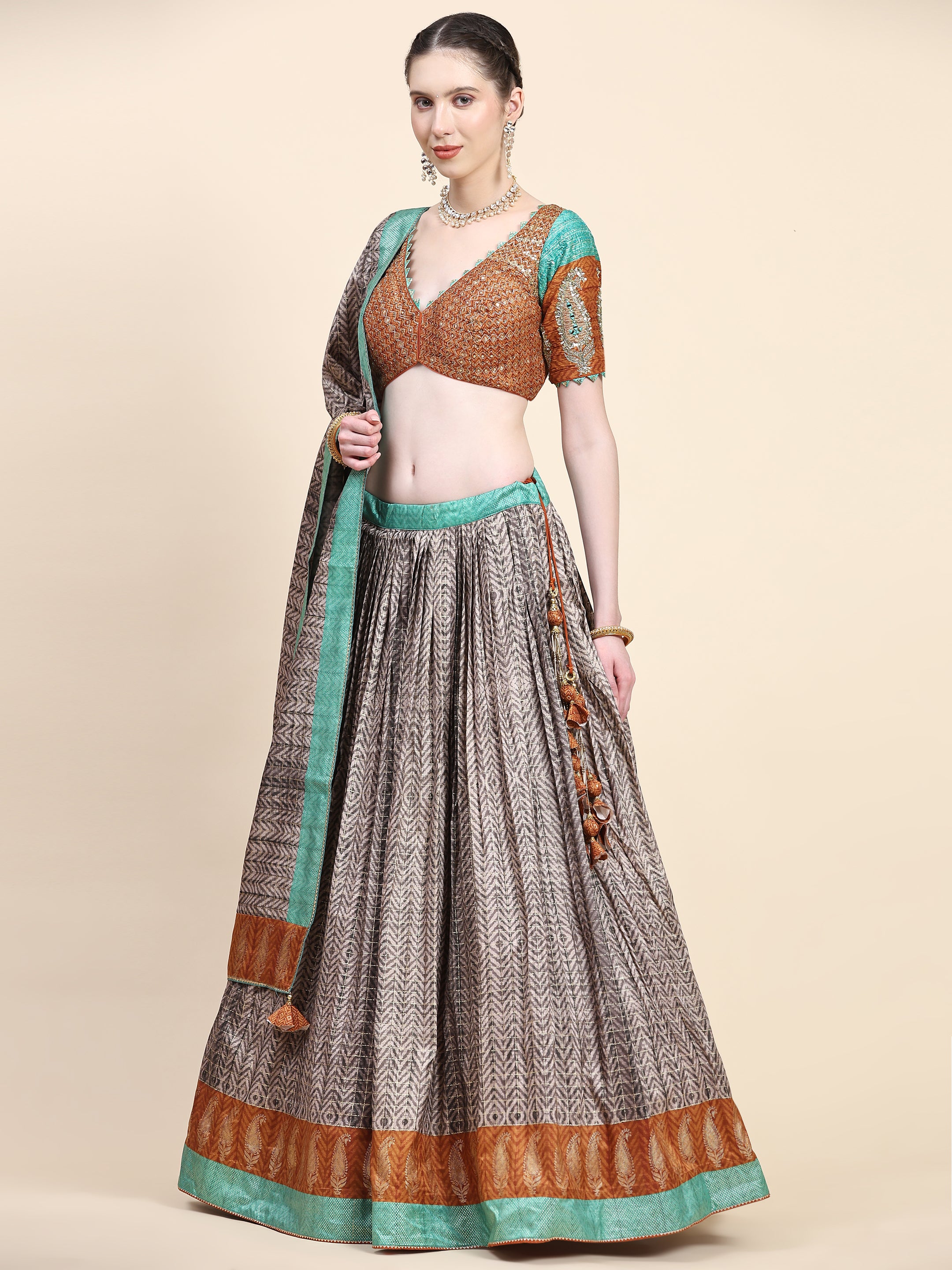 Women's Embroidered Lehenga Blouse with waistbelt set- 4pc set