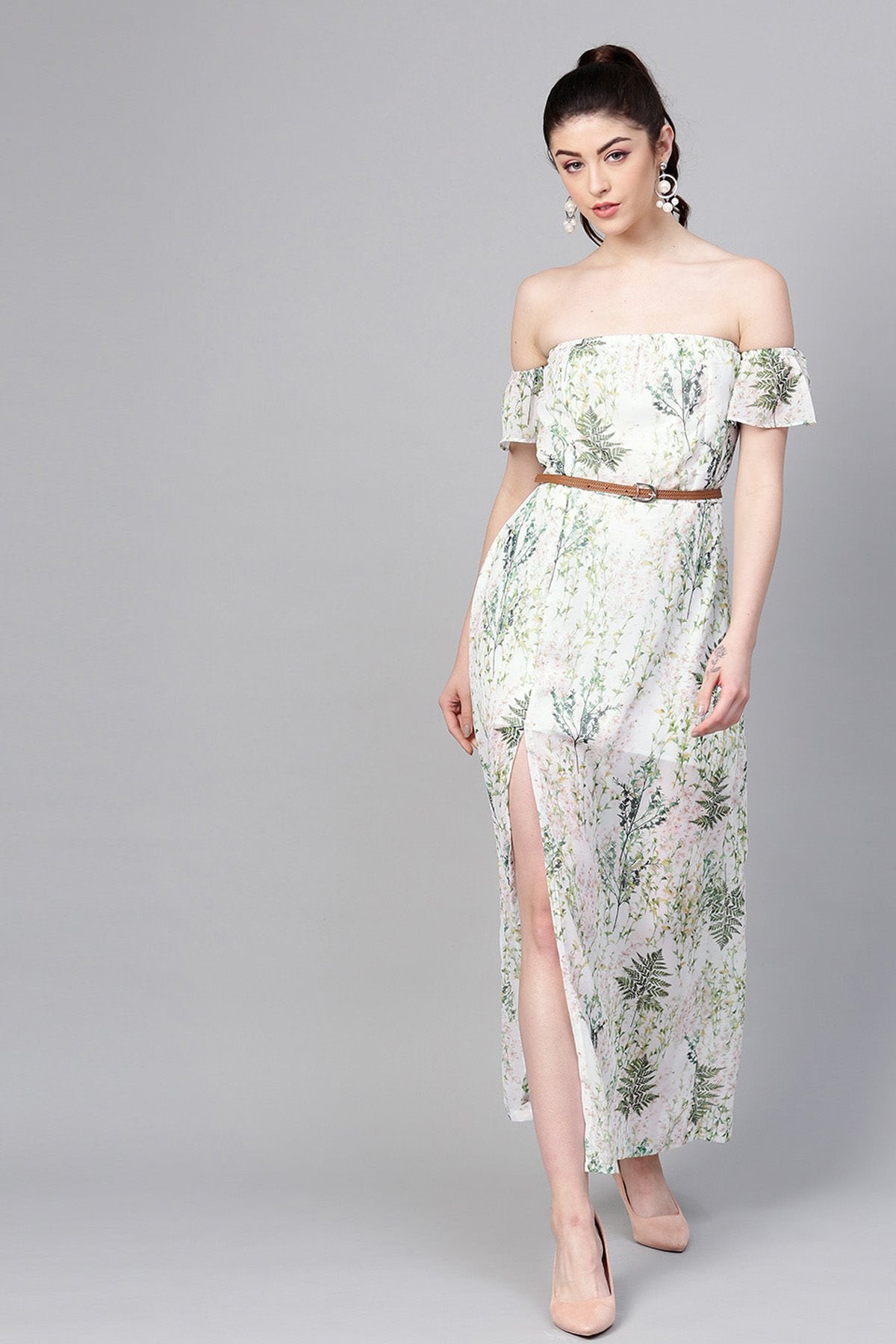 Women's Off-White Floral Off Shoulder Belted Maxi