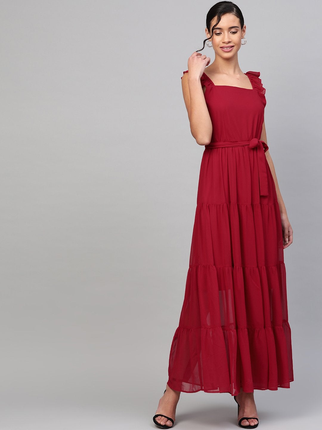 Women's Red Strappy Frill Tiered Maxi