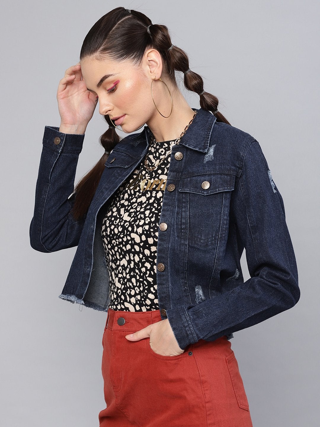 Women's Dark Blue Denim Distressed Jacket