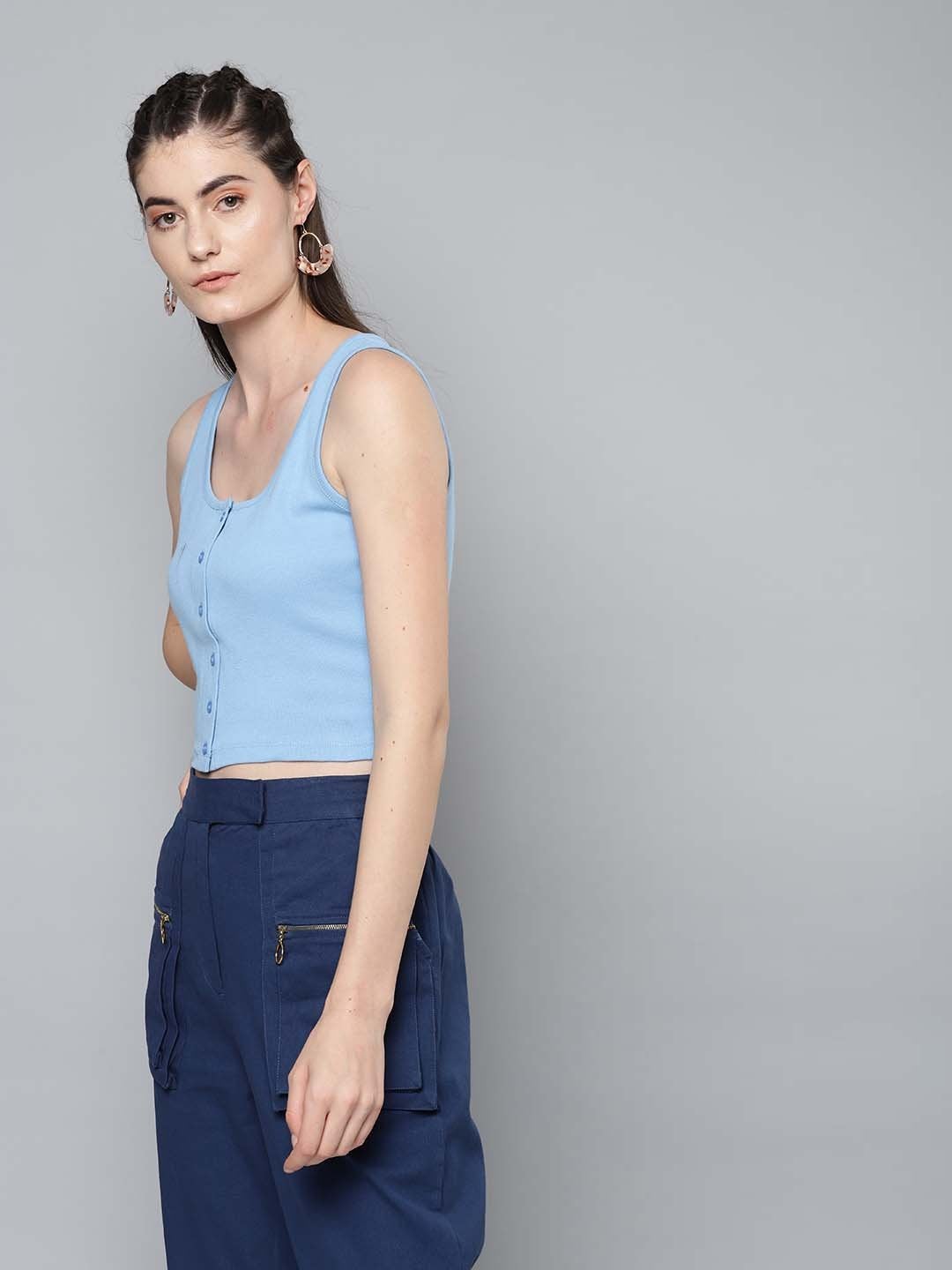 Women's Blue Front Button Sleeveless Crop Top