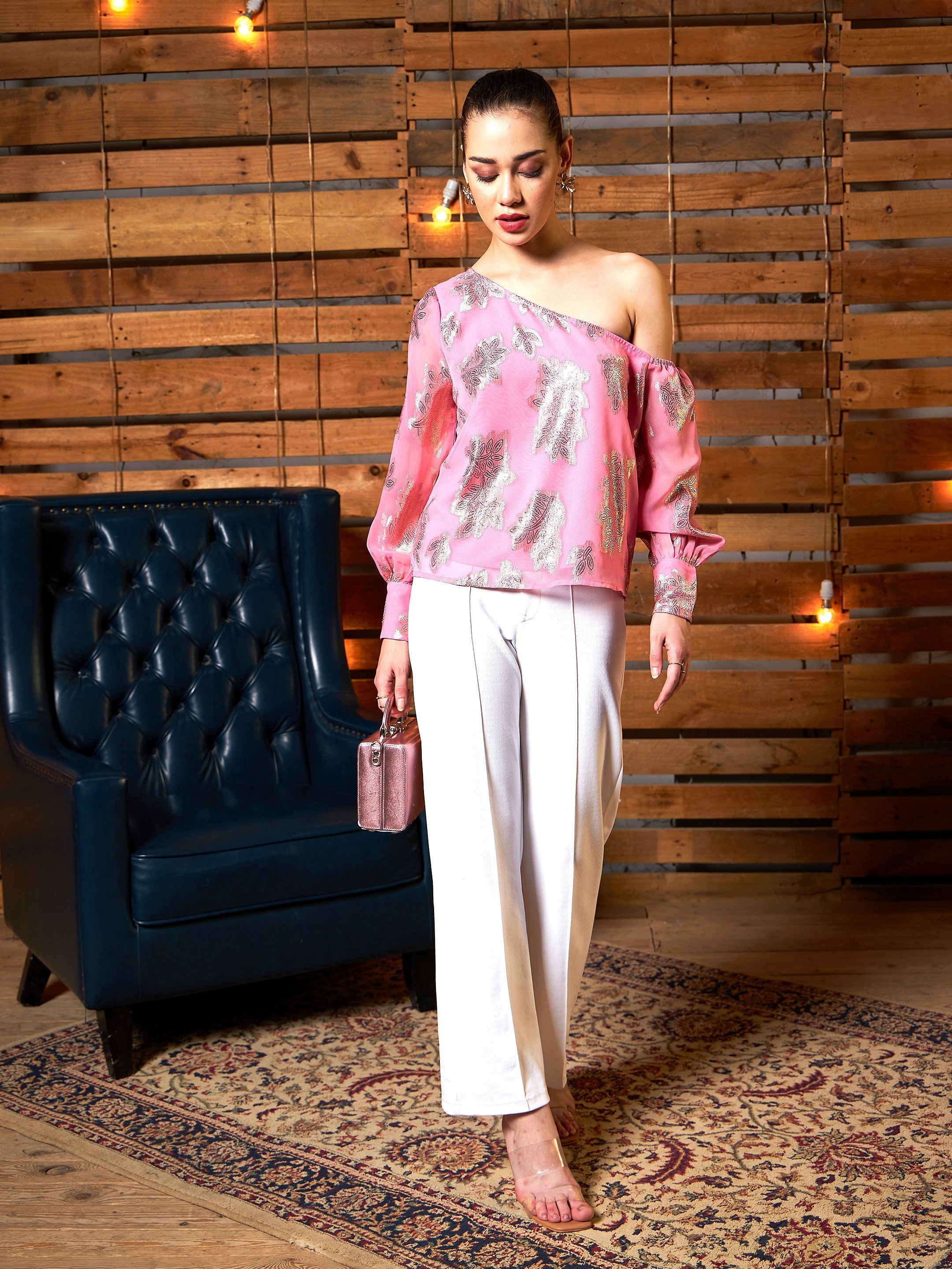Women's Pink Jacquard One Shoulder Top