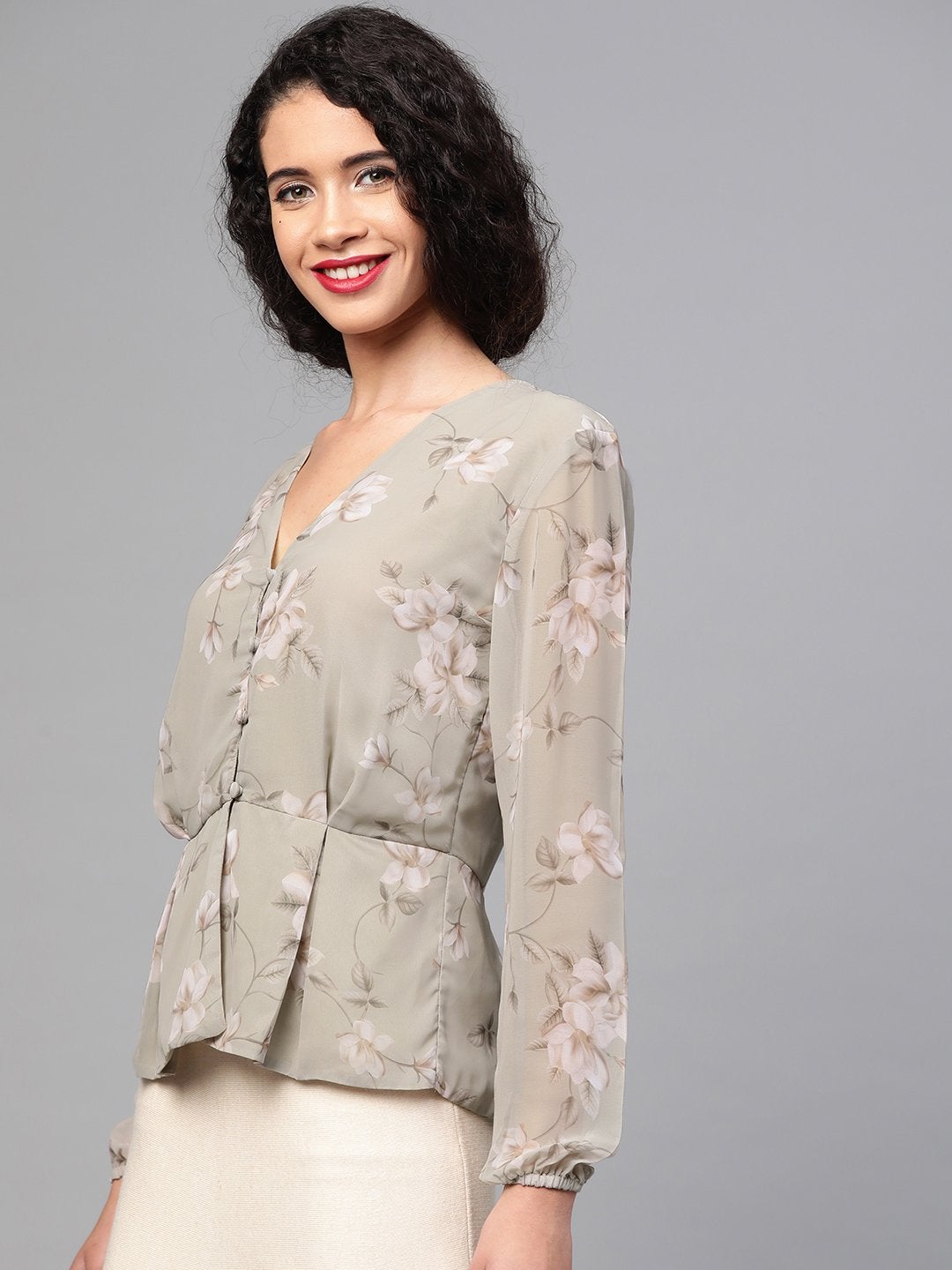 Women's Olive Floral Peplum Top