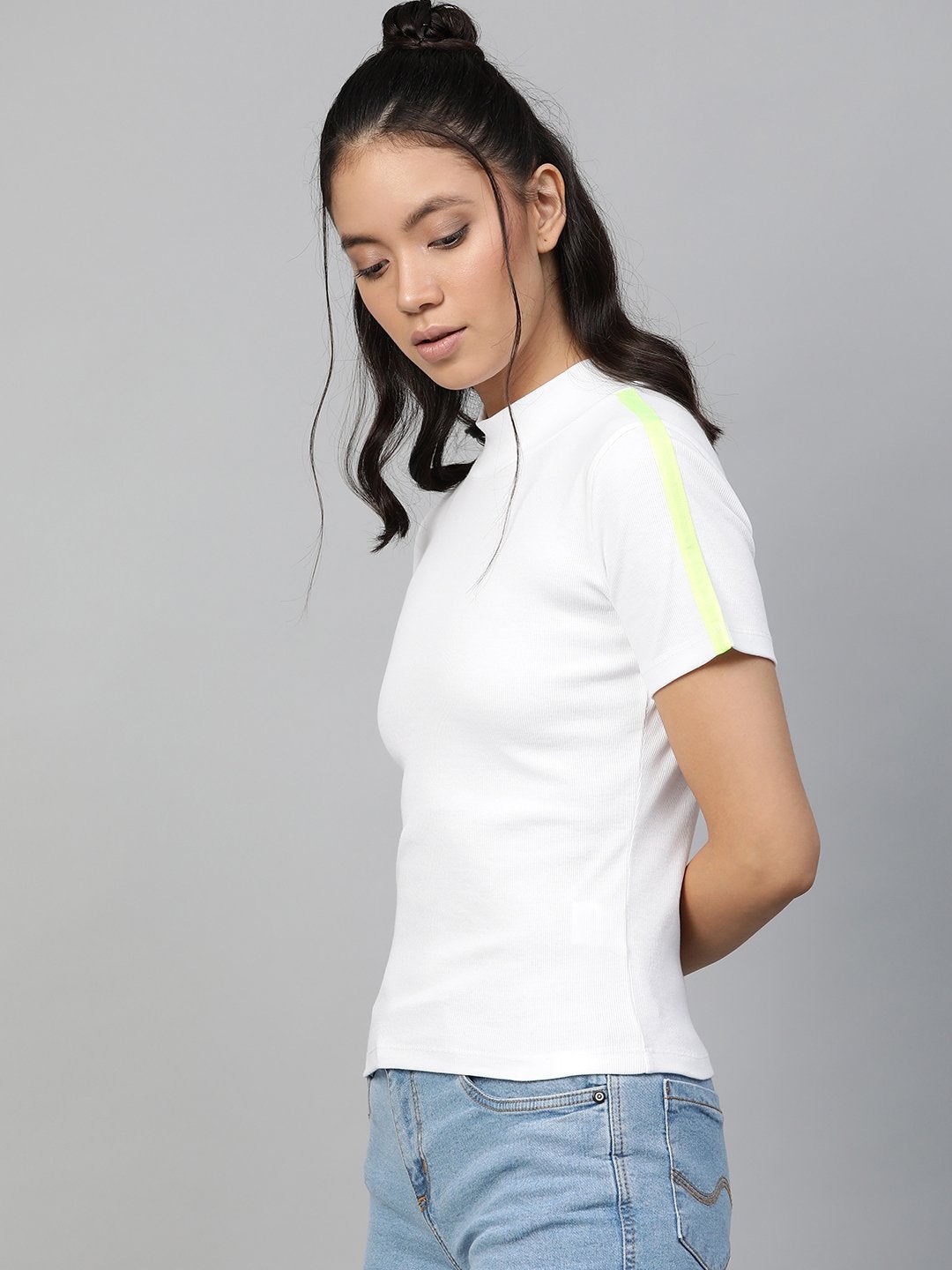 Women's White Rib High Neck Shoulder Tape Top