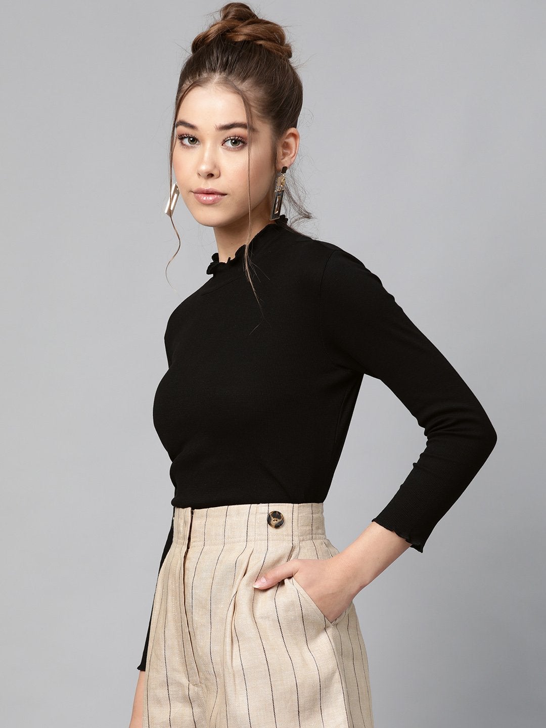 Women's Black Rib High Neck Full Sleeve Top