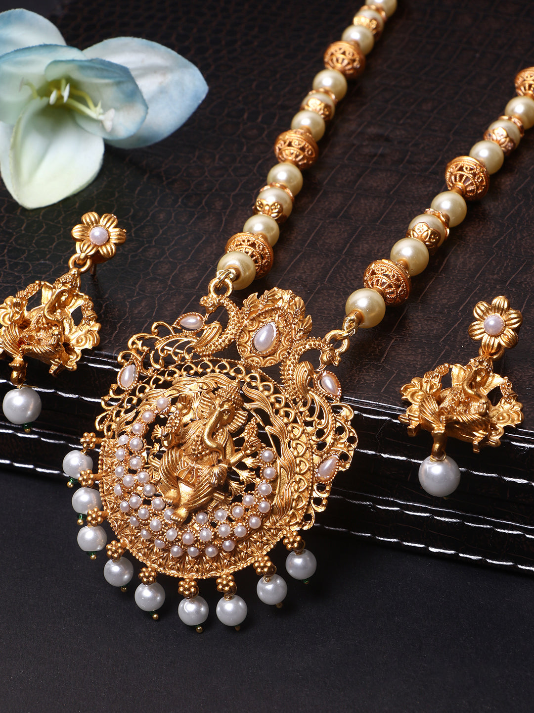 Women's Gold Plated Maa Laxmi Stone Studded Necklace With Earrrings