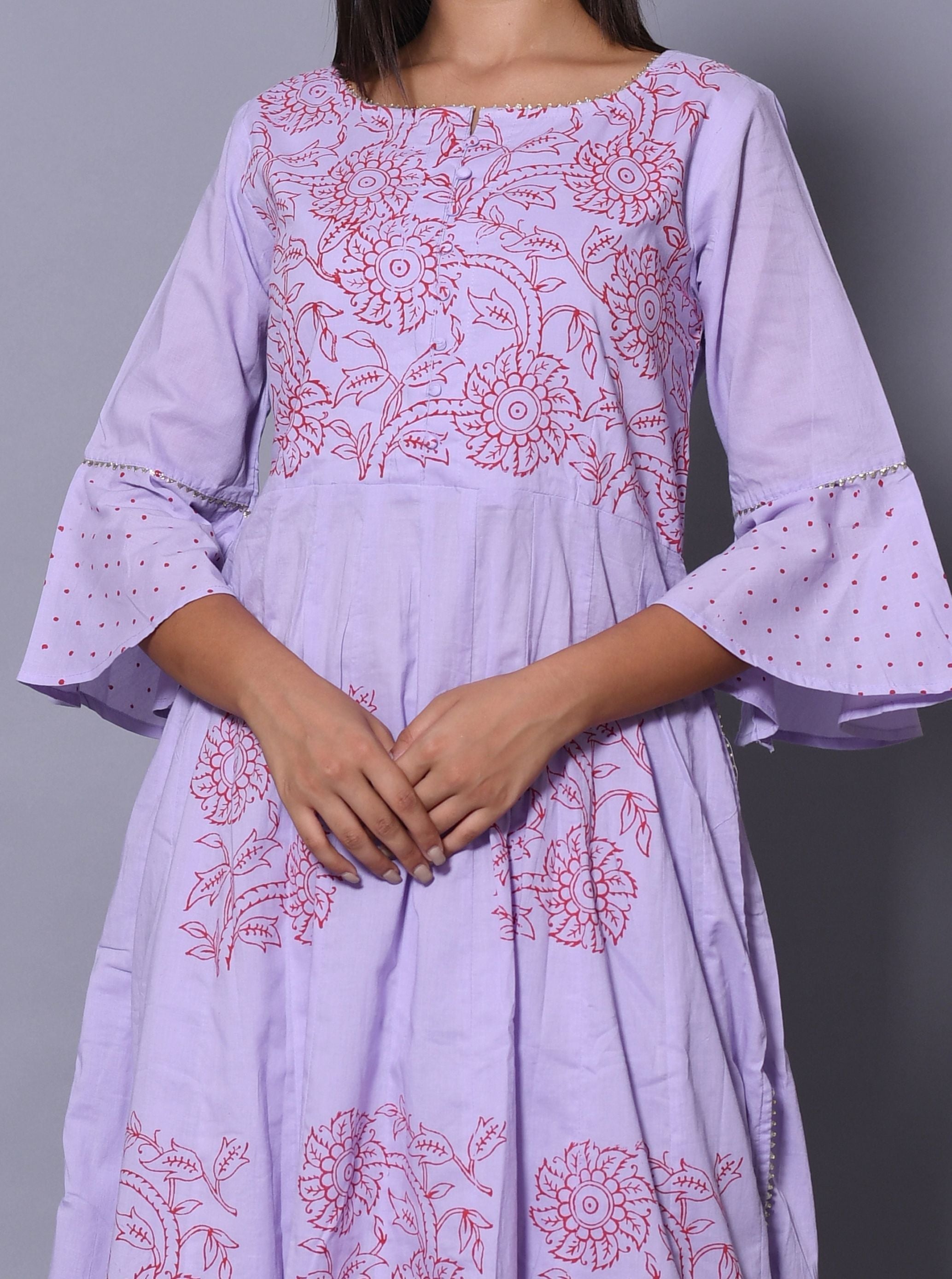 Women's Lavender Cotton Boat Neck Kurta Palazzo Set