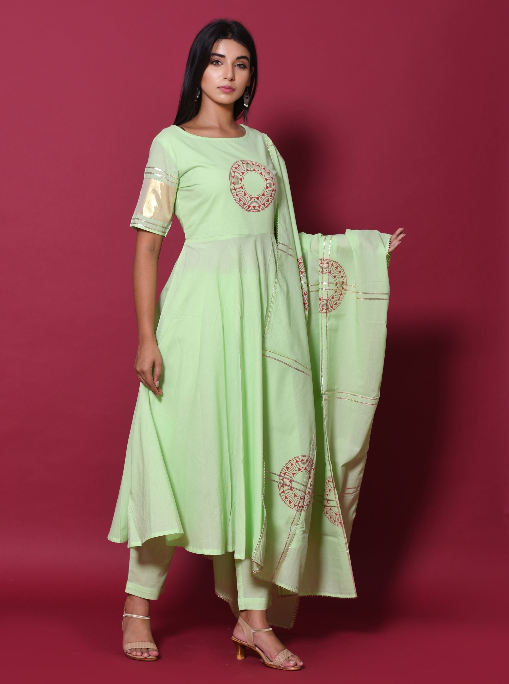 Women's Pista Green Hand Block Printed Anarkali Set