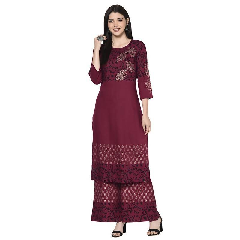Women's Maroon Rayon Block print straight kurta