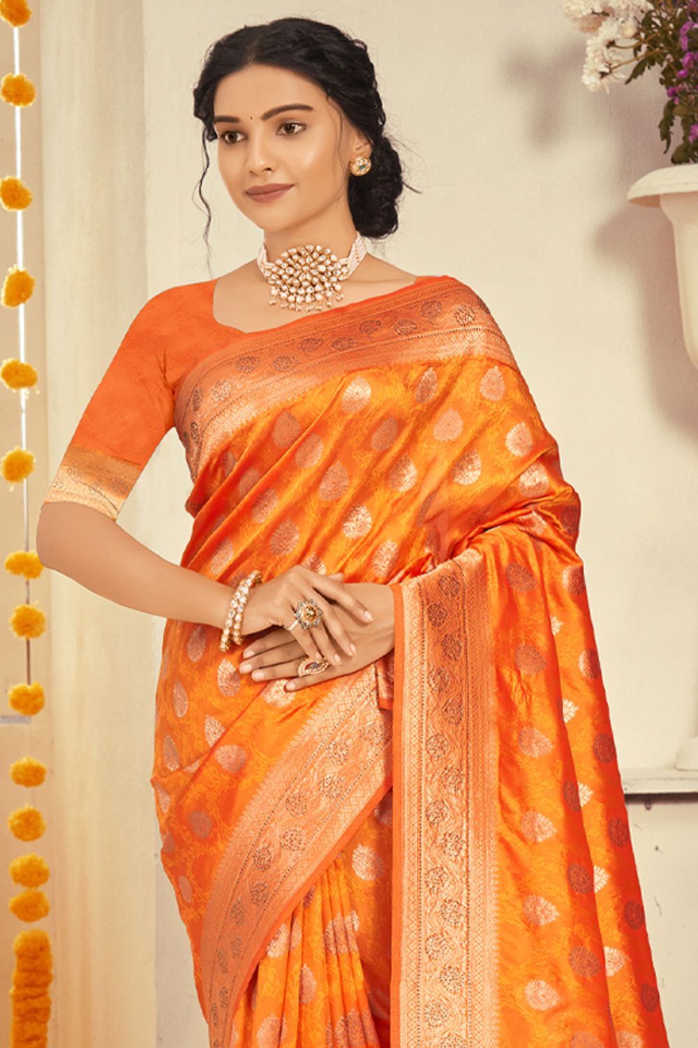Women's Orange Silk Woven Zari Work Traditional Tassle Saree