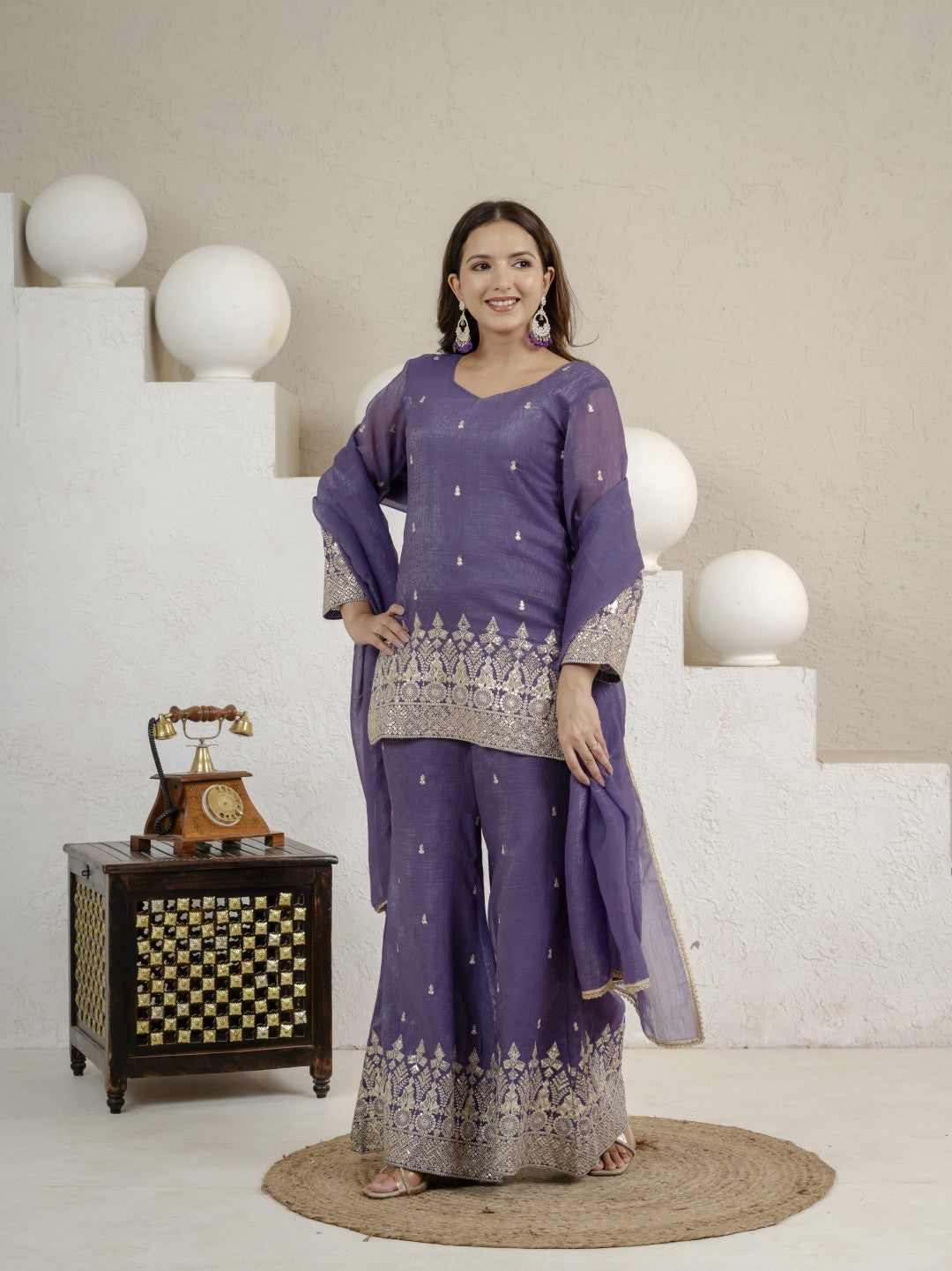Women's Purple Crunshy Silk Party Wear Embroidery Sharara Suit Set