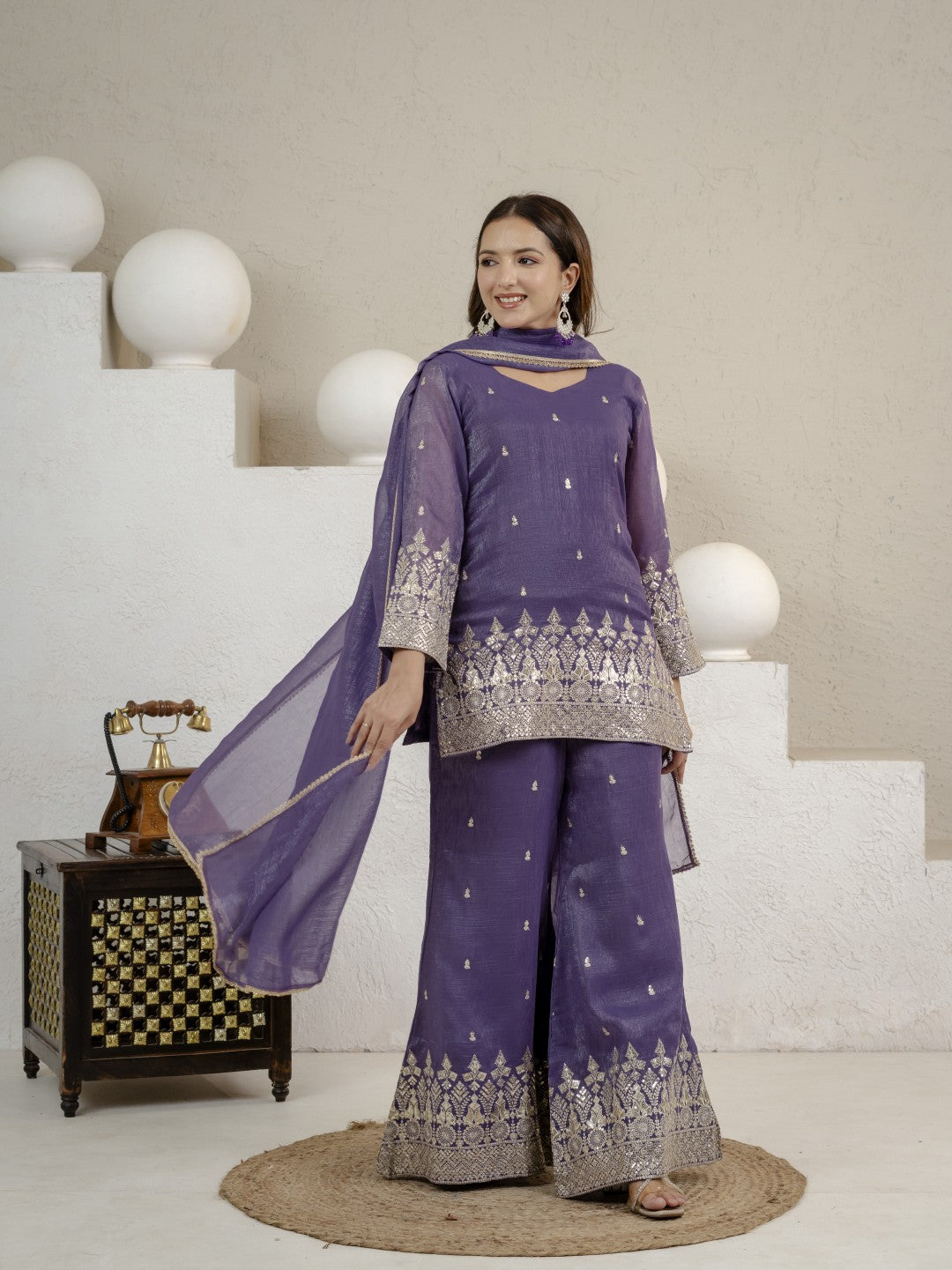 Women's Purple Crunshy Silk Party Wear Embroidery Sharara Suit Set