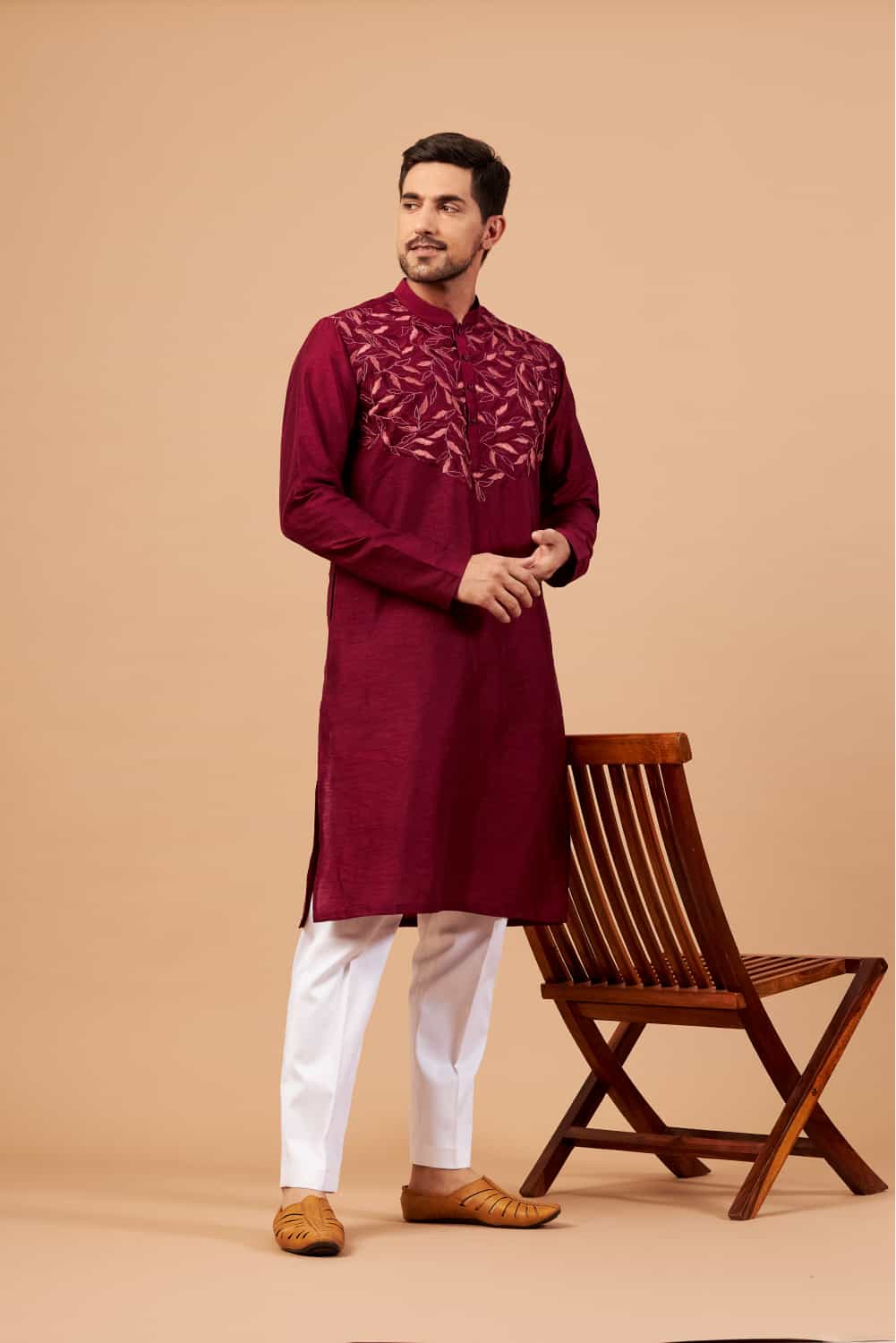 Men's Mauve Color Leaf Motif Basik Kurta Cotton