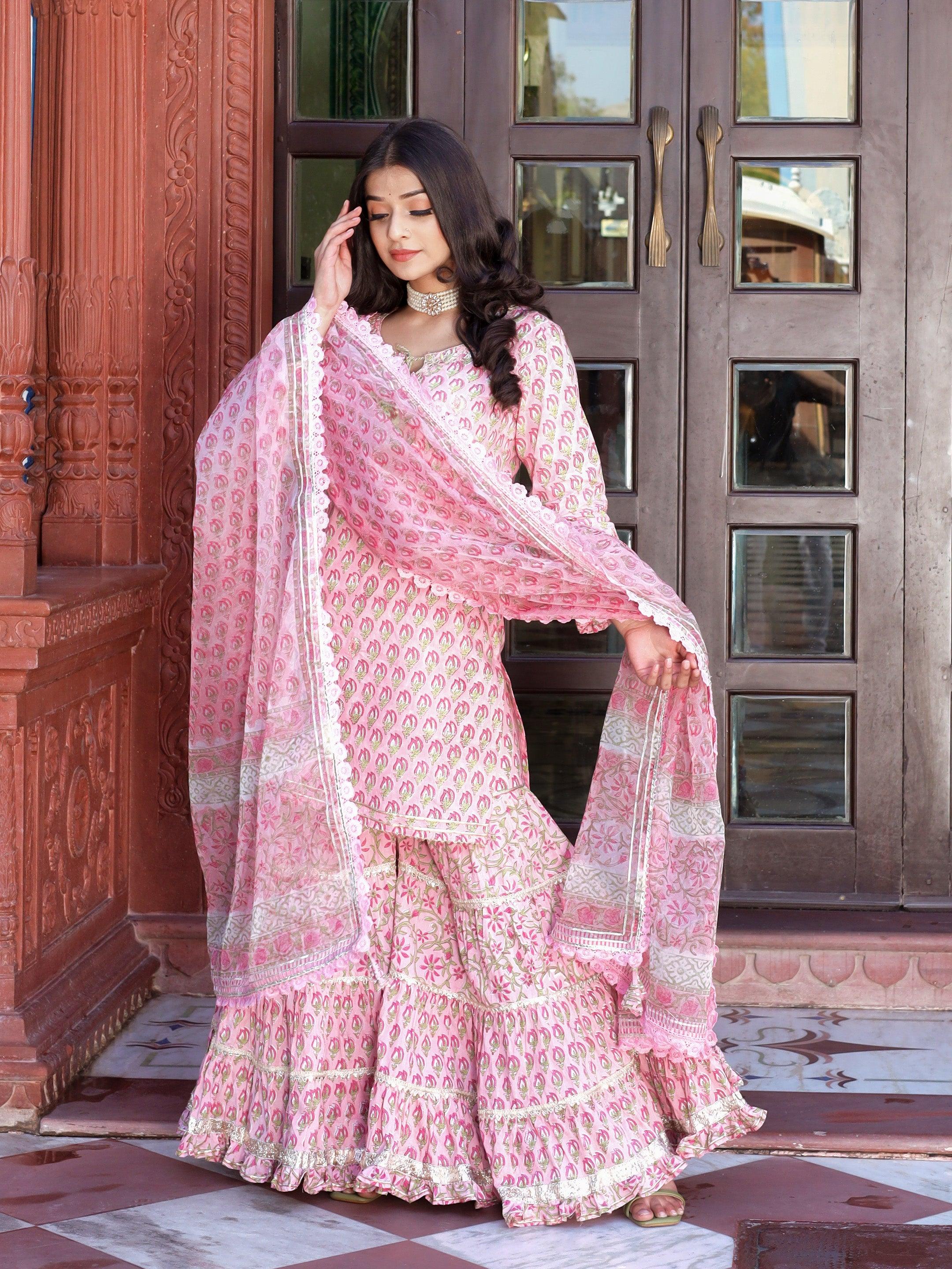 Women's Pink Floral Hand Block Printed Kurta Sharara Set with Dupatta