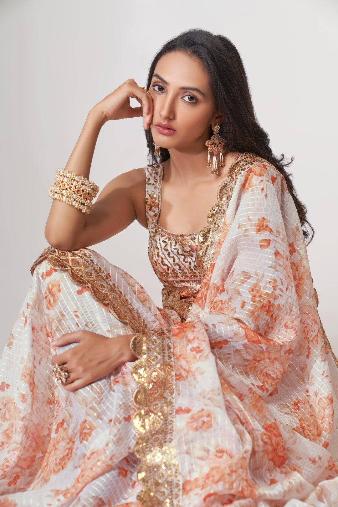 Women's White Organza Print Saree