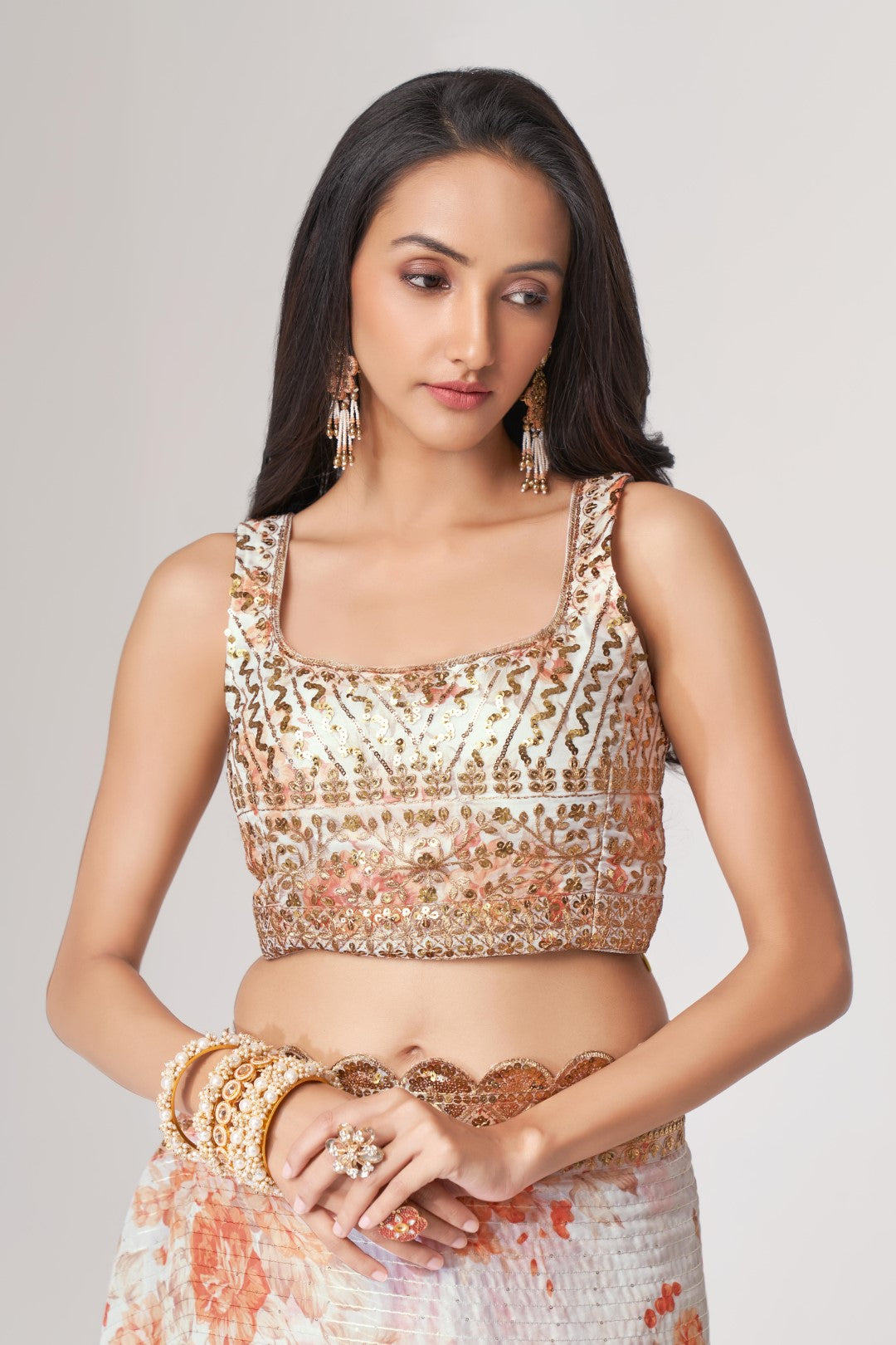 Women's White Organza Print Saree