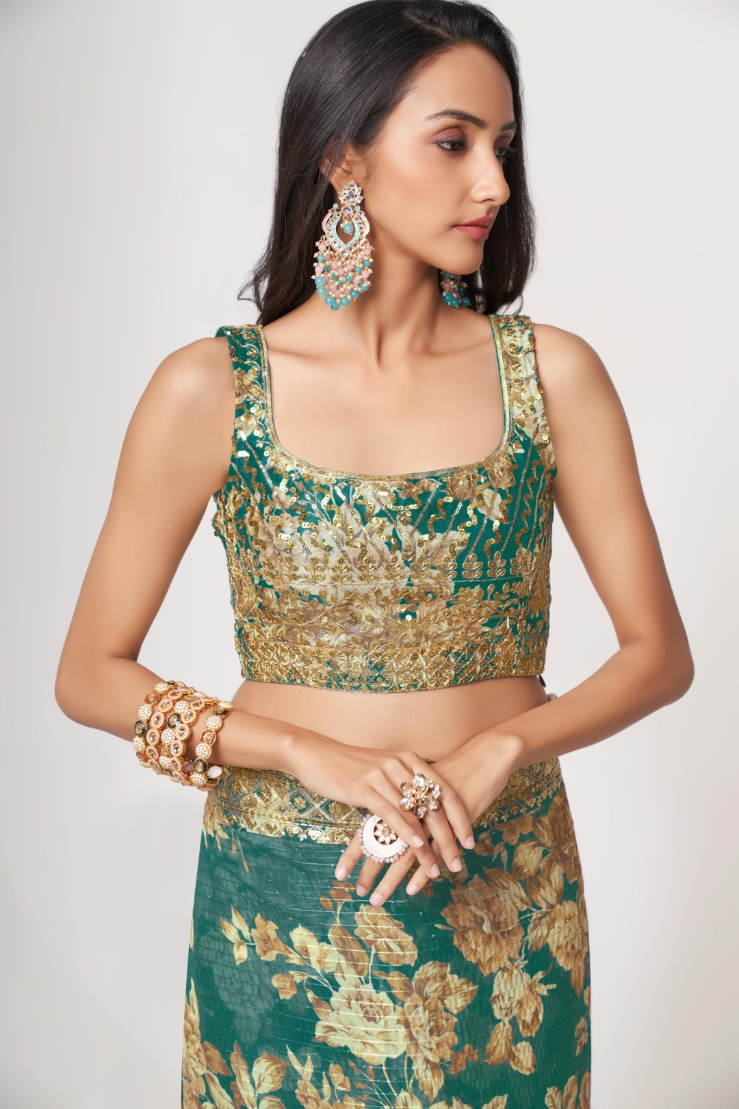 Women's Teal Blue Organza Print Saree