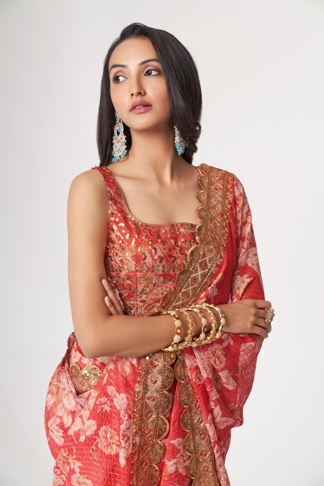 Women's Red Organza Print Saree