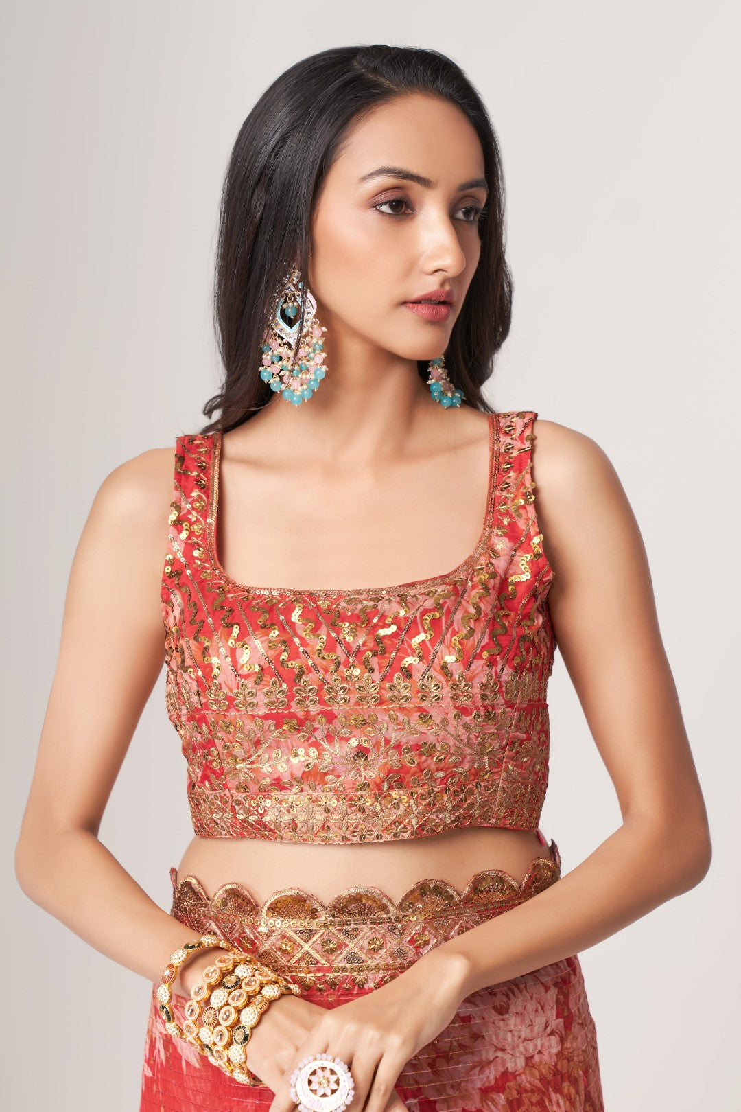 Women's Red Organza Print Saree