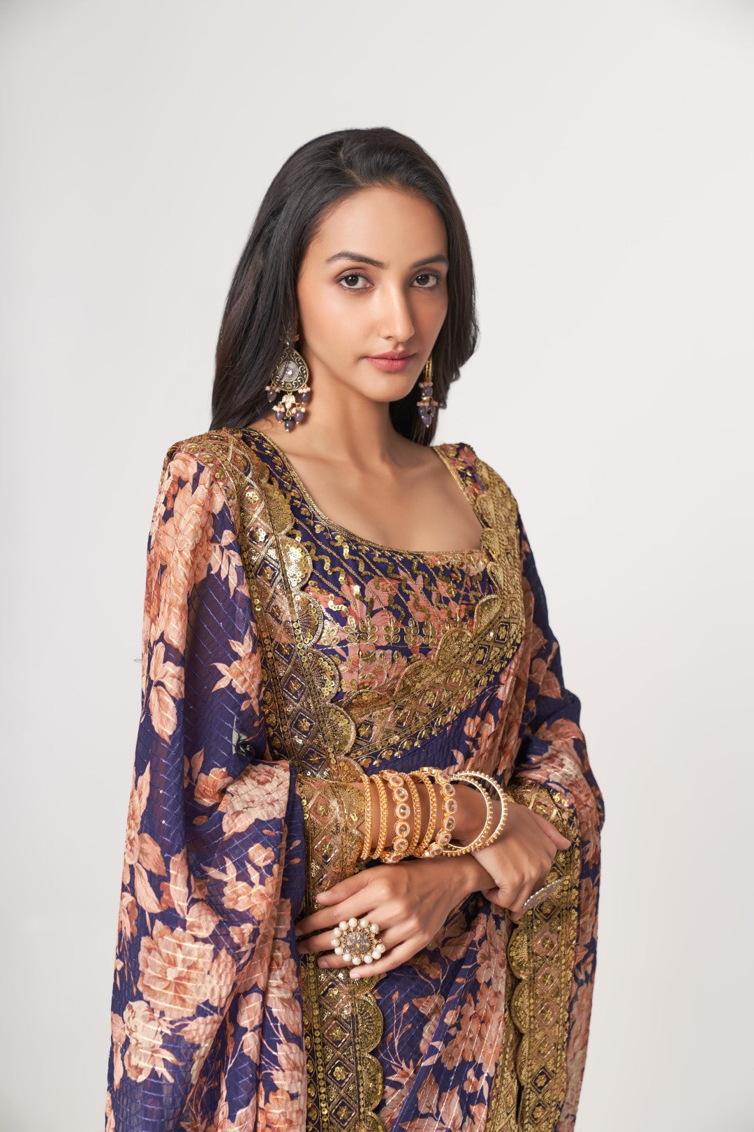 Women's Purple Organza Print Saree