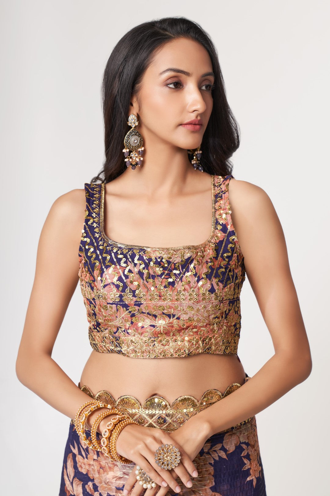 Women's Purple Organza Print Saree