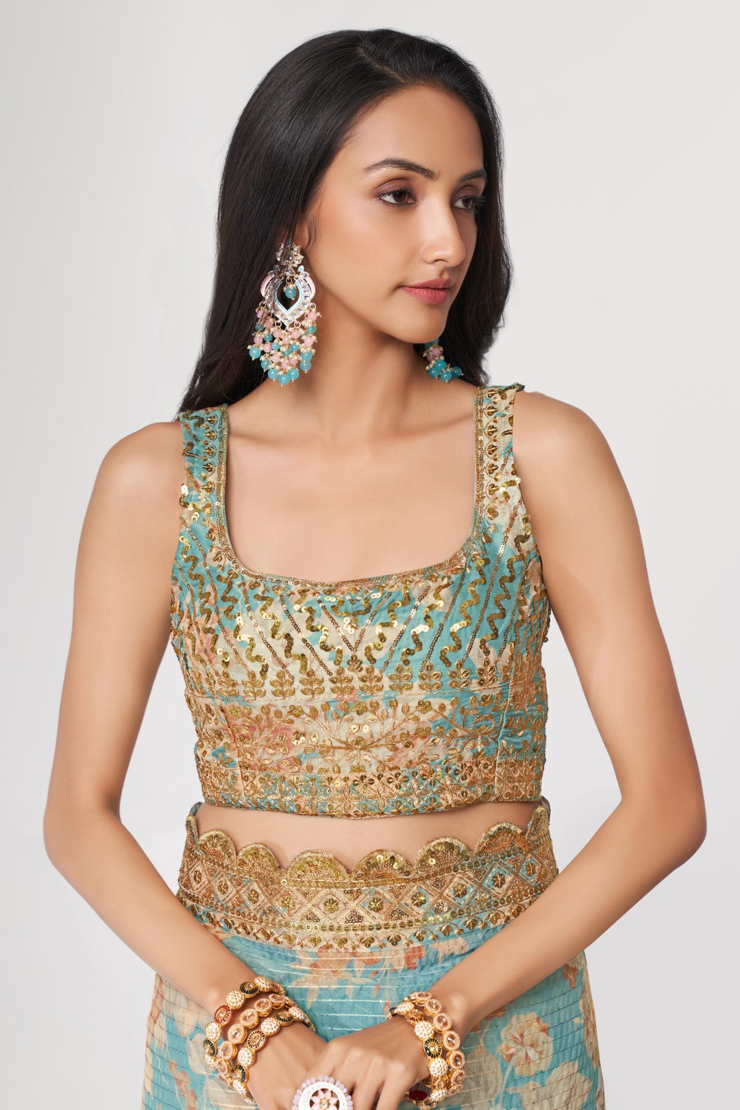 Women's Sky Blue Organza Print Saree
