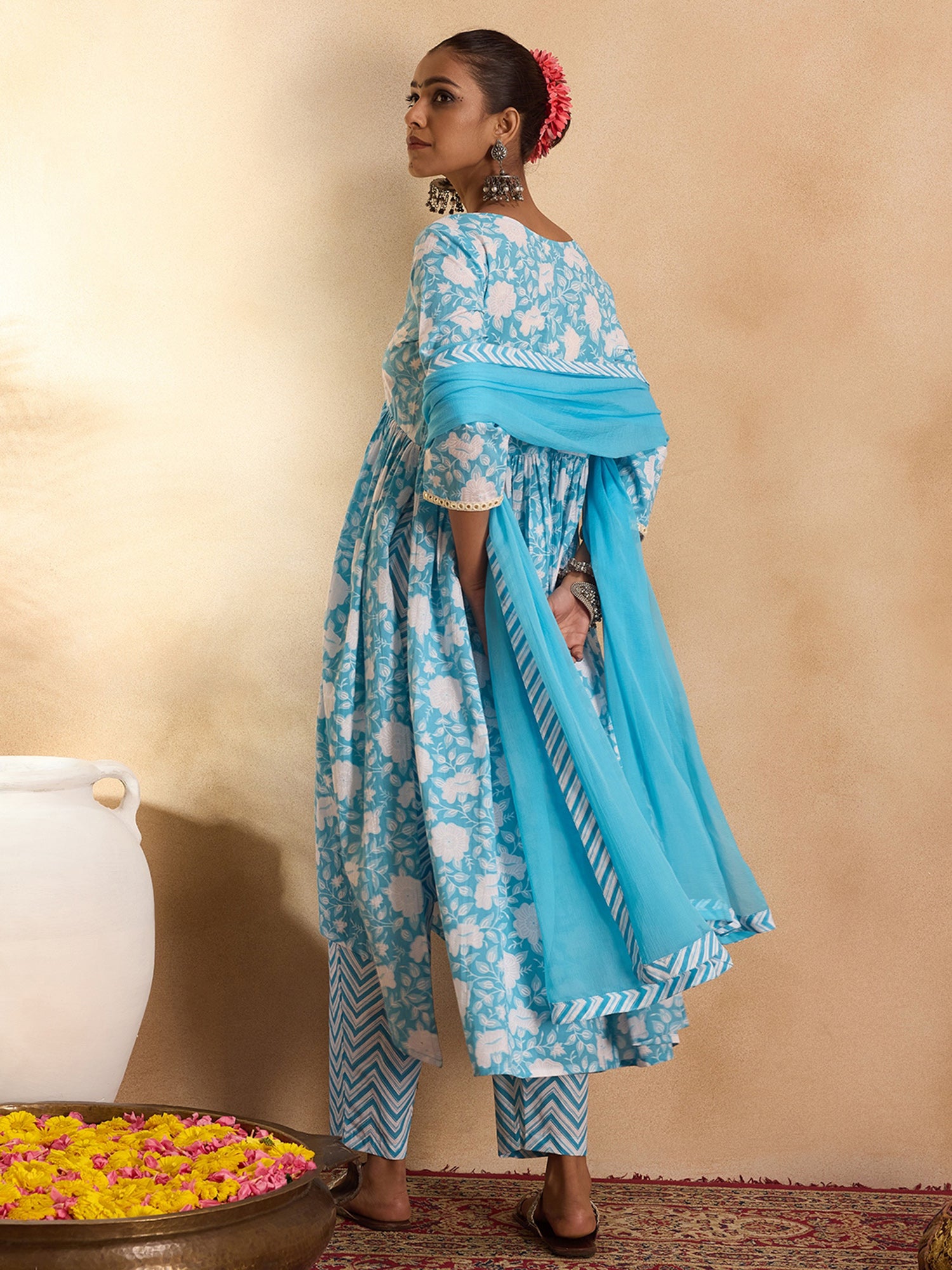 Women's Blue Printed A-Line Kurta Trousers With Dupatta Set