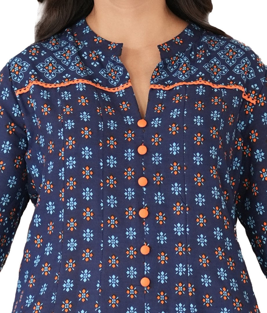 Womens Blue Rayon Rajwadi  Print Kurta