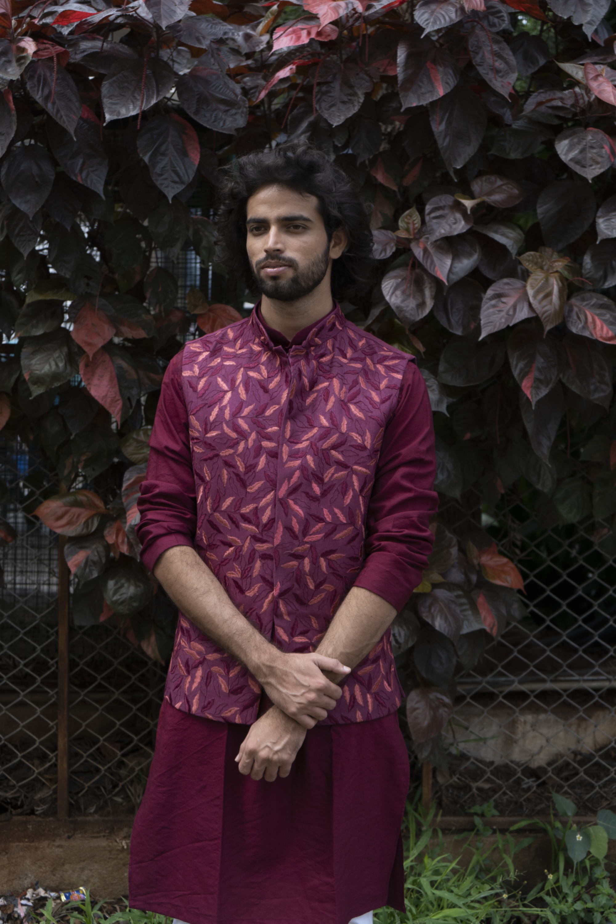 Men's Pink Color Jacket With Kurta Pant Set