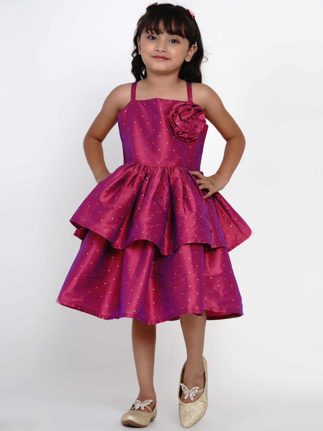 Girl's Fuchsia Jacquard Midi Dress