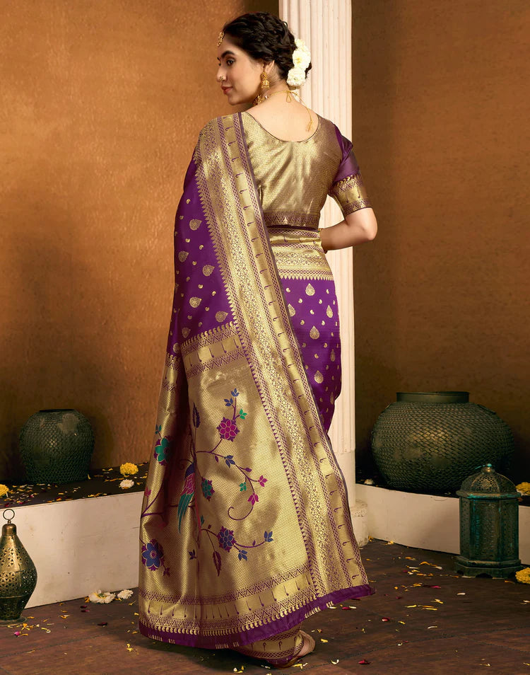 Women's Dark Purple Silk Woven (Weaving), Paithani Saree